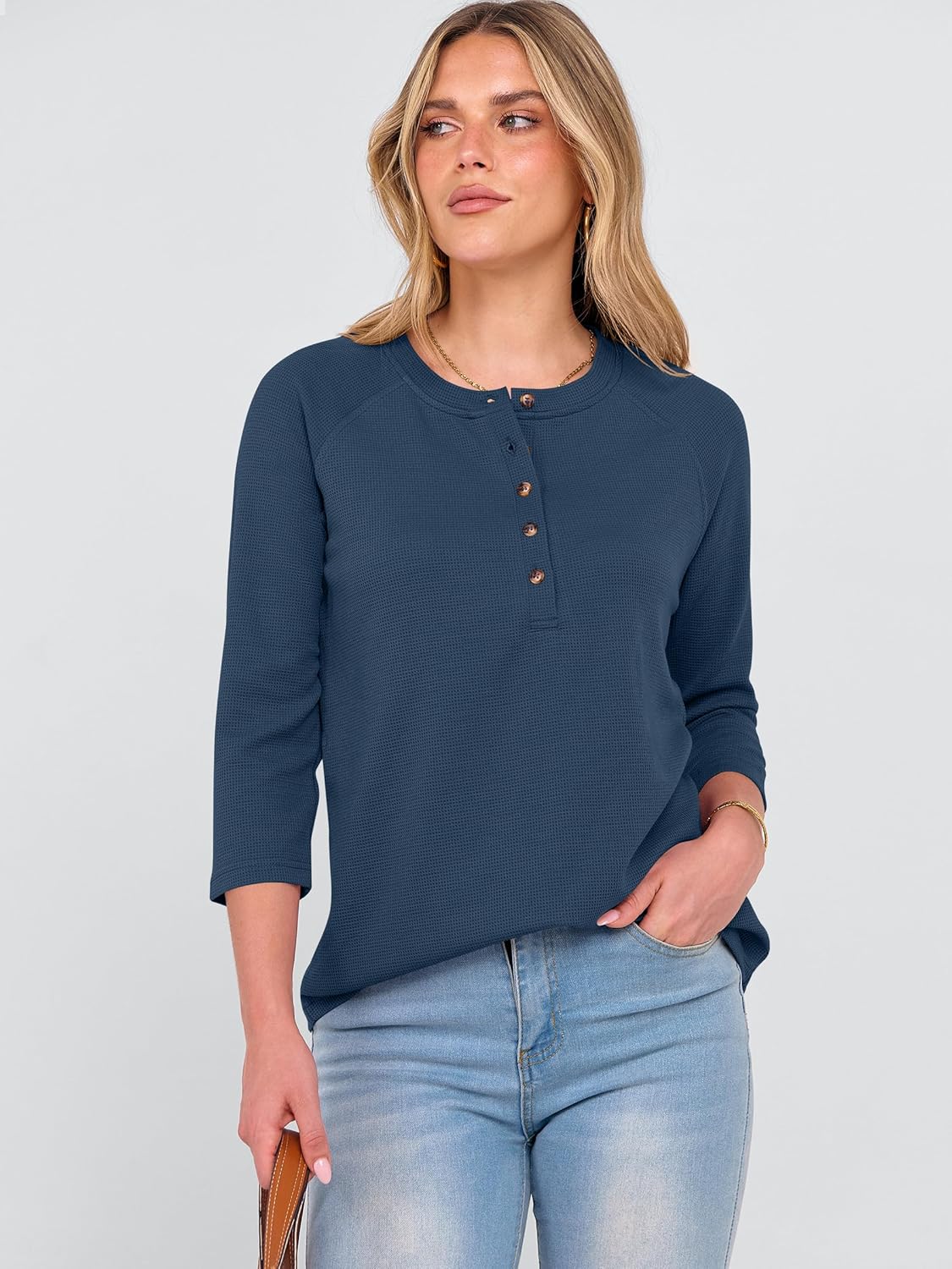 ANRABESS Women's 3/4 Sleeve Waffle Knit Tops V Neck Dressy Casual Button Loose Henley Shirts 2026 Spring Basic Tee Blouse - Image 6