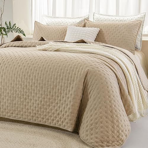Andency Juego de ropa de cama beige tamaño Queen (90 x 96 pulgadas), colcha de 3 piezas suave y ligera, edredón bohemio de verano tamaño Queen para