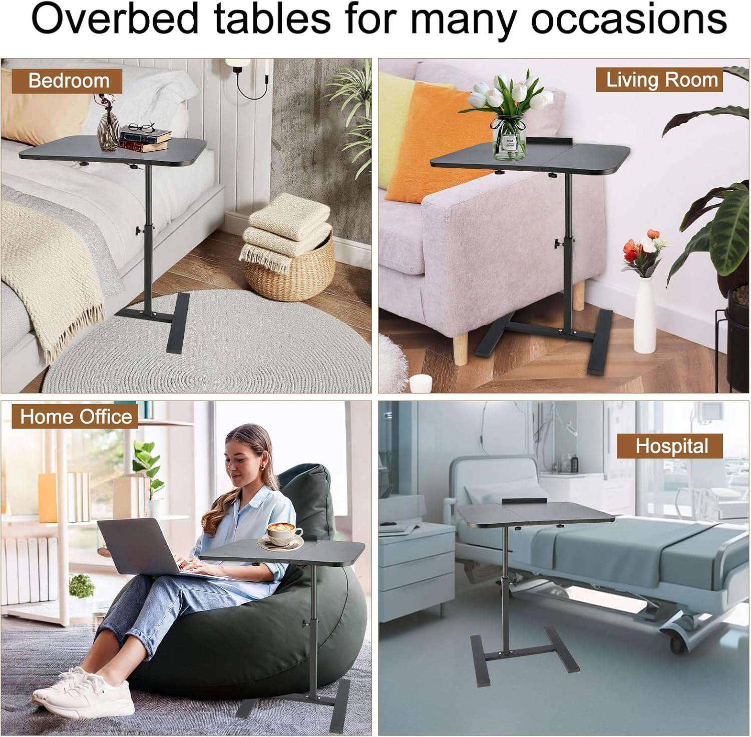 Simcat Height Adjustable Overbed Bedside Table with Wheels, Rolling Mobile Laptop Computer Standing Desk Cart with Tray Hospital/Home Use (Black Frame)
