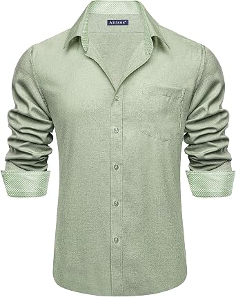 Mens Linen Shirts Long Sleeve Casual Button Down Shirt Untucked Regular Fit Contrast Collar Dress Shirt with Pocket