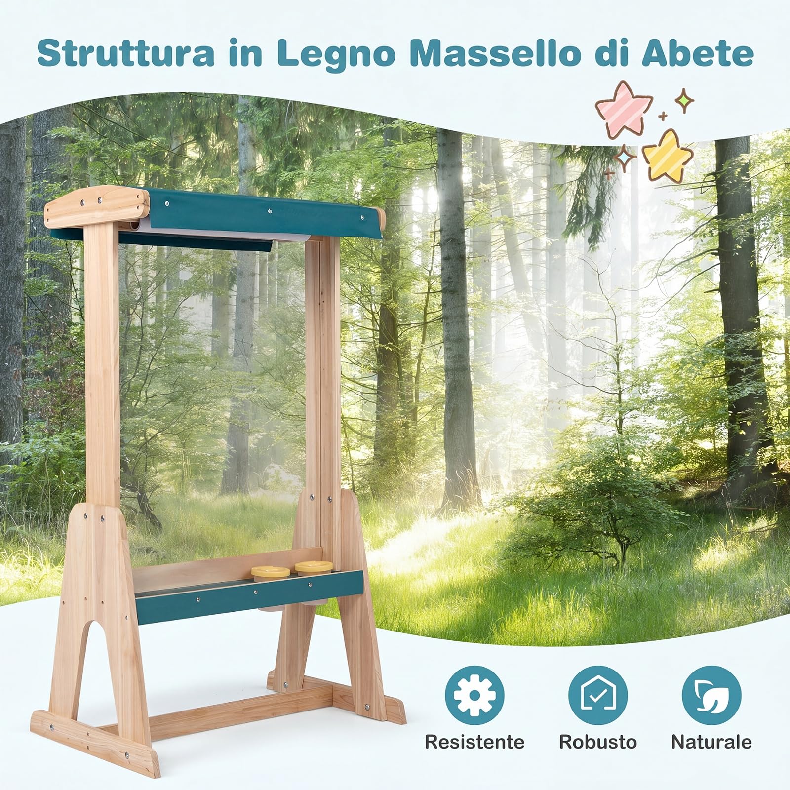 COSTWAY Cavalletto in Legn per Bambini da Esterno, 3 Anni+ | Cavalletto Pittura con Tettoia Parasole, Pannello Trasparente, Rotolo di Carta e 4 Tazze per Colori, 65 x 44,5 x 110 cm