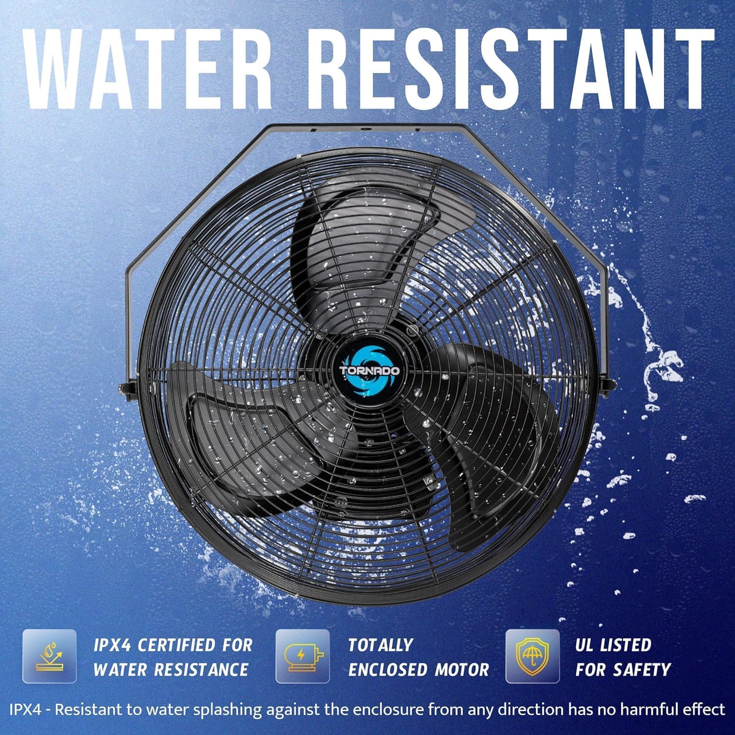 Tornado 20-inch fan with water splashing, indicating its water-resistant IPX4 rating.