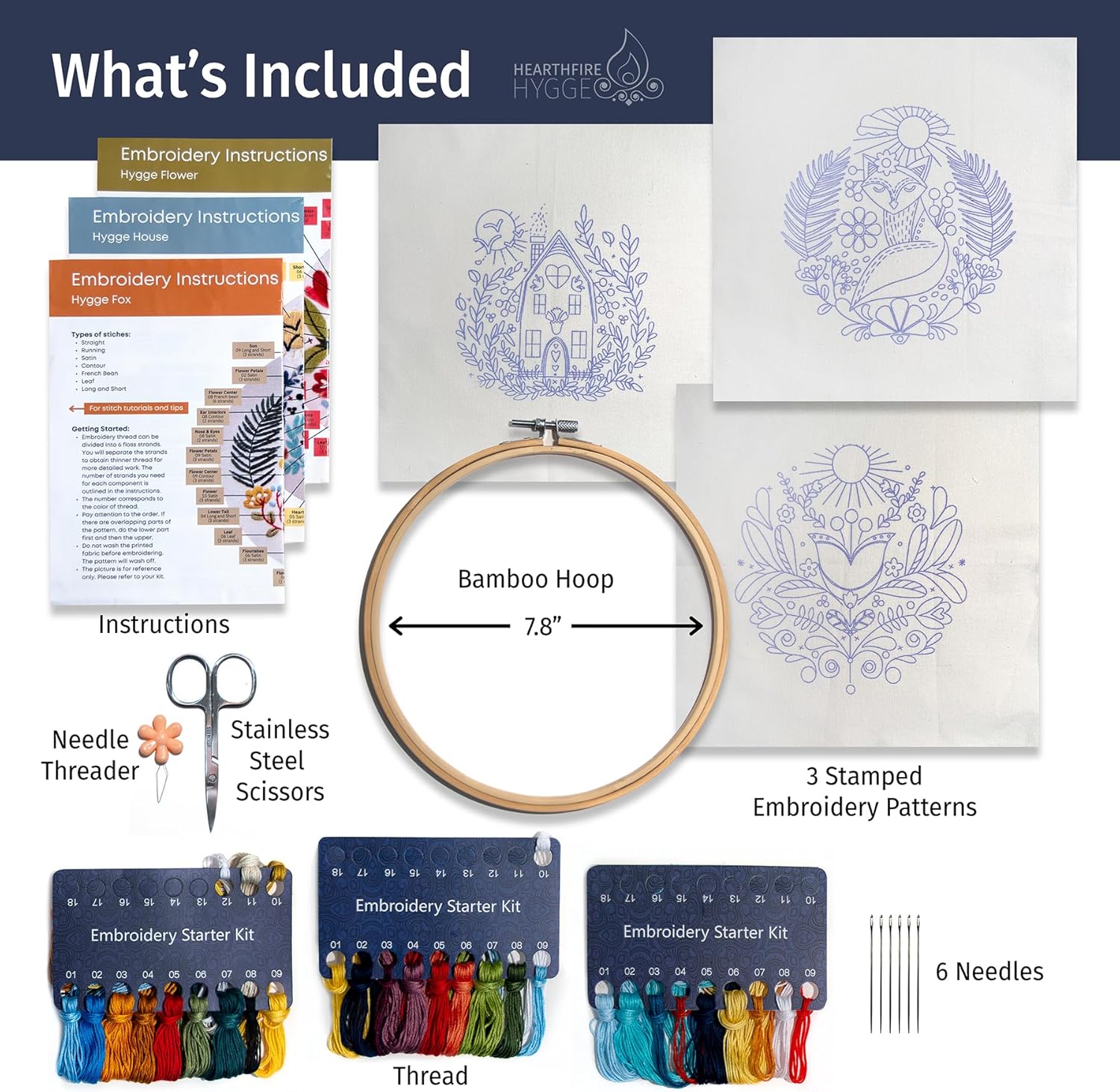 Hearthfire Hygge Embroidery Kit for Beginners | Scandinavian Folk Art Beginner Embroidery Kit for Adults | Fox, House, Flower Cross Stitch Kits for Beginners | Needlepoint Kits for Adults