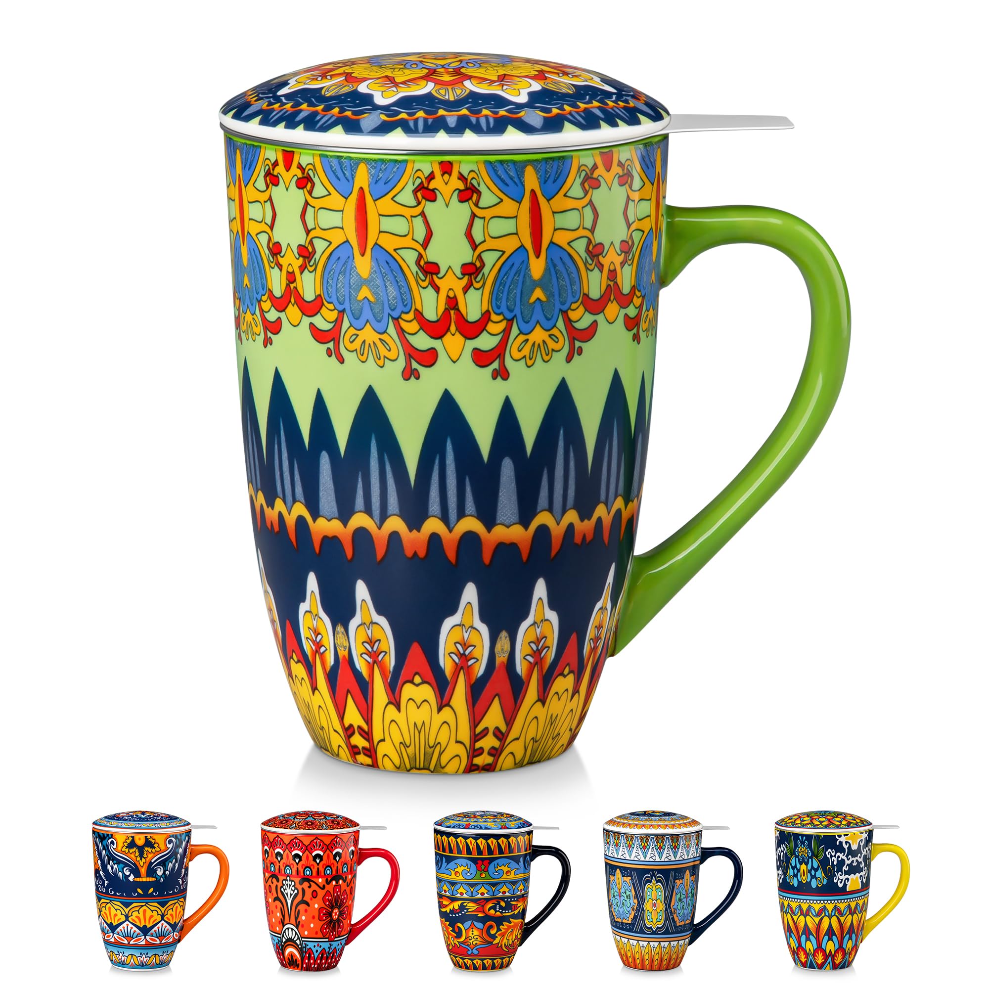 vancasso Mug Tasse à Thé/Café avec Couvercle et Filtre – 540 ml Céramique, Compatible Lave-vaisselle et Micro-ondes – Cadeau Parfait – Style Bohème 01