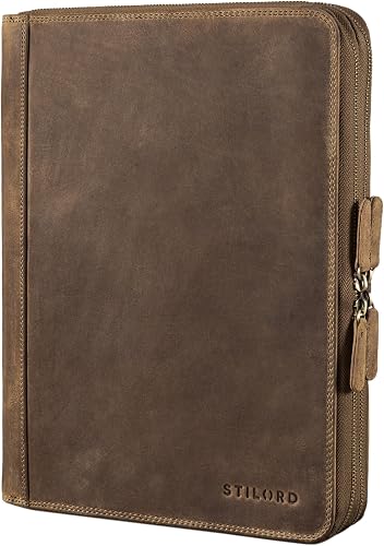 STILORD 'Ferris' Leather Document Folder A4 XL Vintage Conference Folder for 13,3 inch Laptops MacBook PC Case Bag Organiser Notebook Genuine Leather, Middle Brown, L, Briefcase