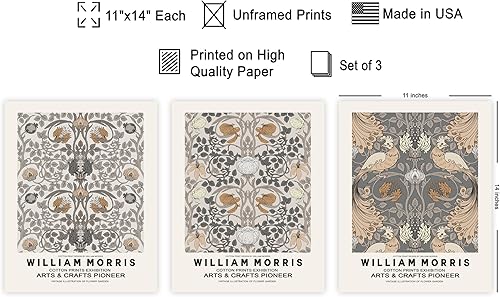 Miniatura 2 de Poster Master Póster vintage de William Morris de 3 piezas, estampado retro Art Nouveau, patrones botánicos, florales, pavo real, arte de pared sin