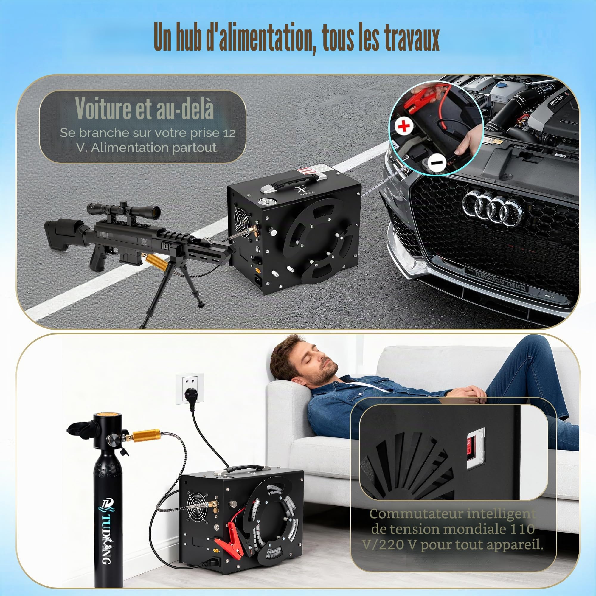 TUXING Compresseur d'air 4500Psi Pcp,convertisseur intégré,arrêt automatique,sans huile ni eau,design unique vertical + bobine de fil portable,alimenté par 12V DC ou 220V AC pour Paintball/Scuba Tank