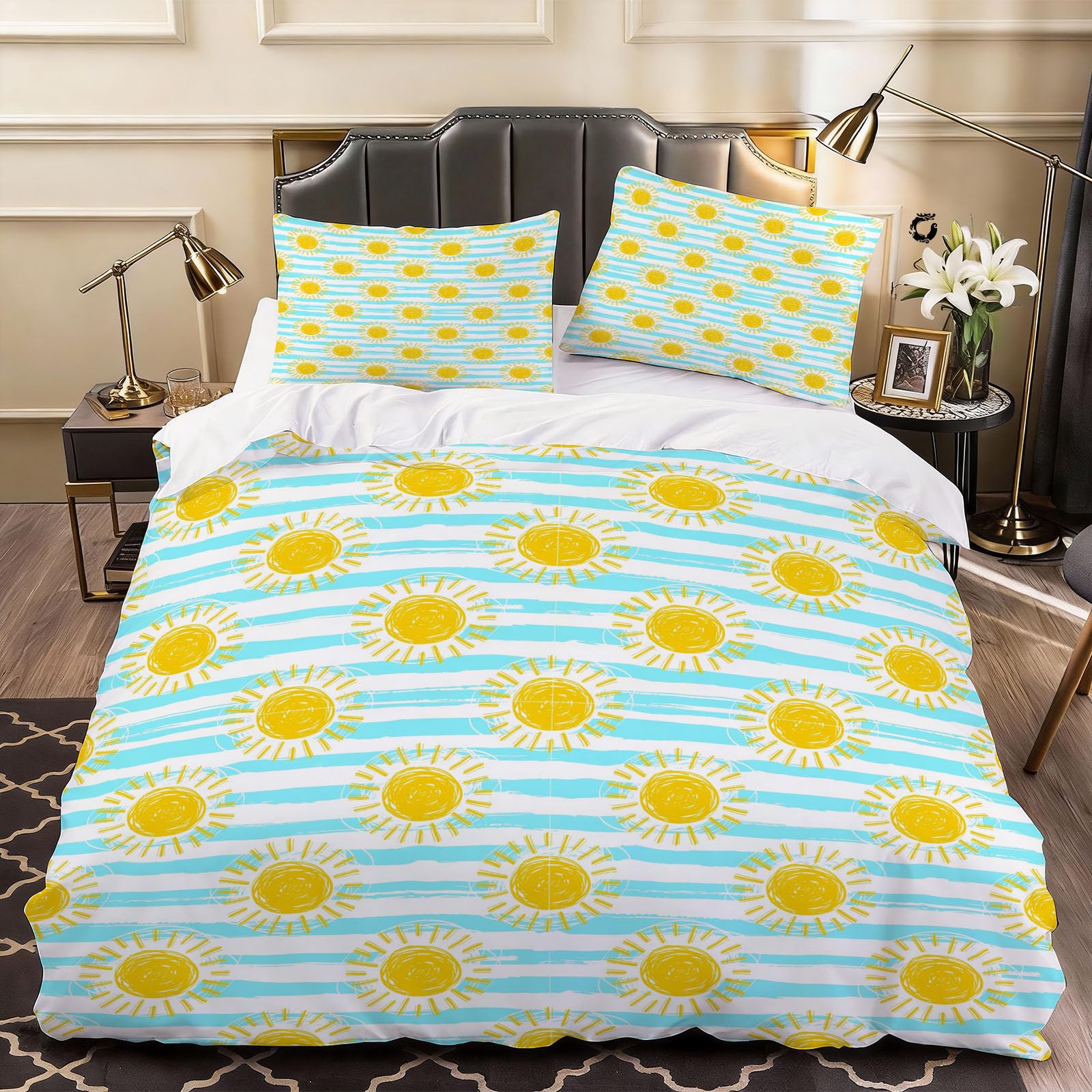 3D Blossom Flowers Duvet Cover Stripe Bedding Super King Bed Set, Soft Microfiber Comforter Cover Printed with Zipper Closure Quilt Coverr 260x220 cm and 2 Pillowcases