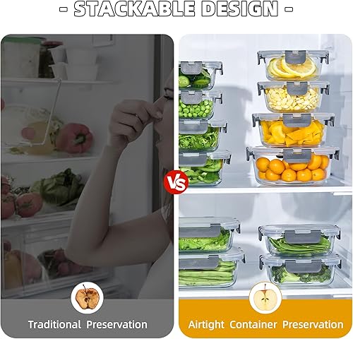 Miniatura 5 de 24 recipientes de vidrio para preparación de comidas, recipientes de vidrio para almacenamiento de alimentos con tapas, reutilizables, herméticos, a