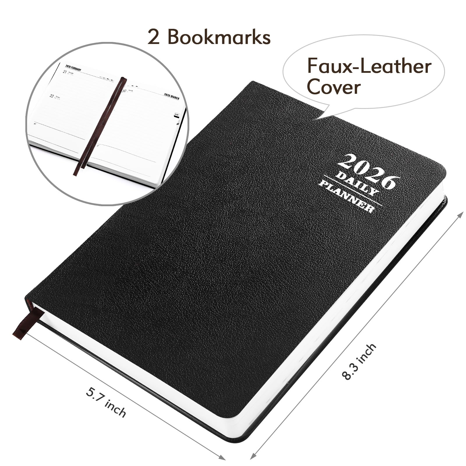 KESOTE 2026 Daily Hourly Planner - One Page a Day, 2026 Diary 5.7 x 8.3" Hardcover Monthly Agenda 12 Month, A5 College Notebook Planner, Black