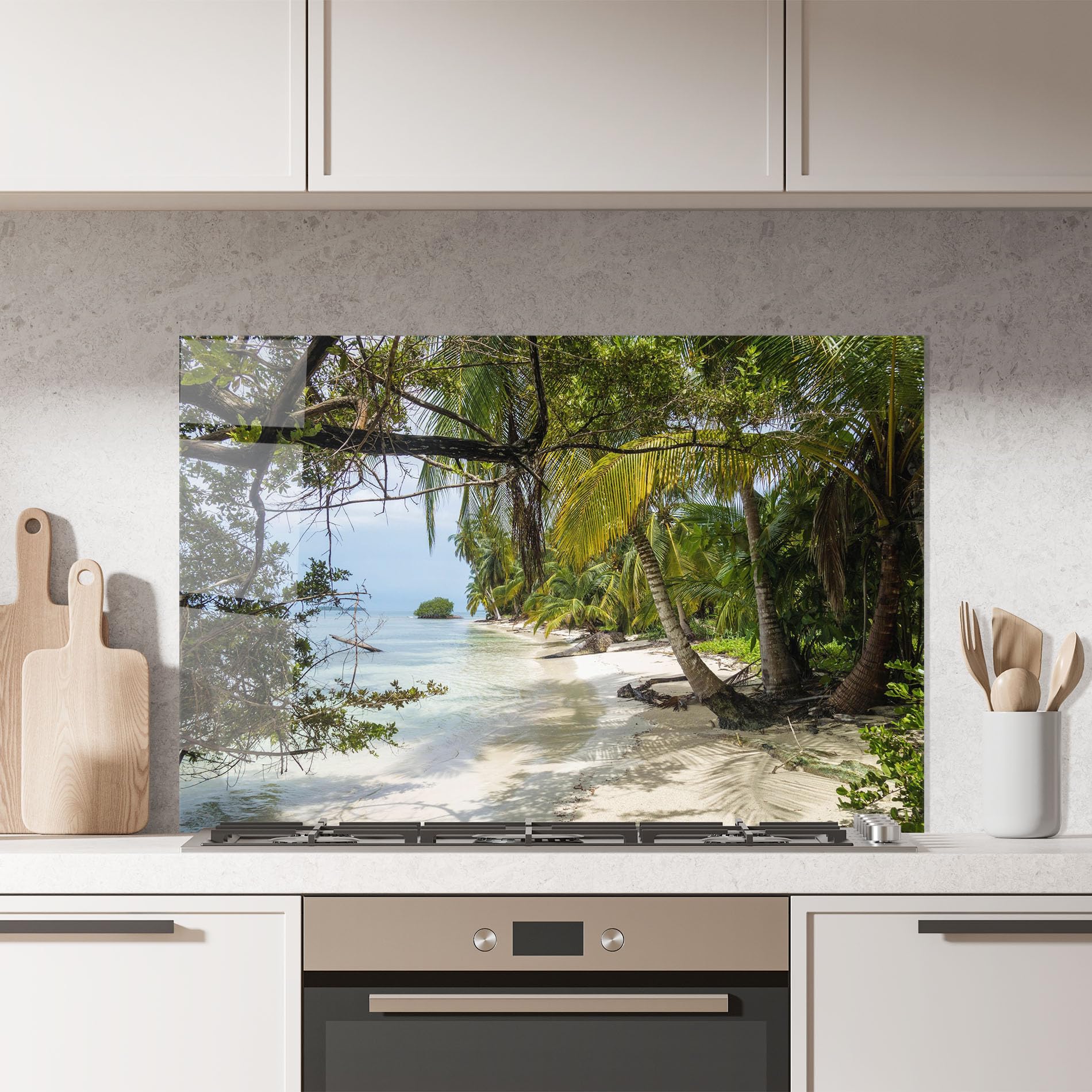 ARTHUB® Crédence de Cuisine en Verre 70x100 cm, Island Beach | Protection Contre Les éclaboussures, Revêtement Mural en Carreaux, Plaque en Verre, Verre trempé, Paysages, Plages