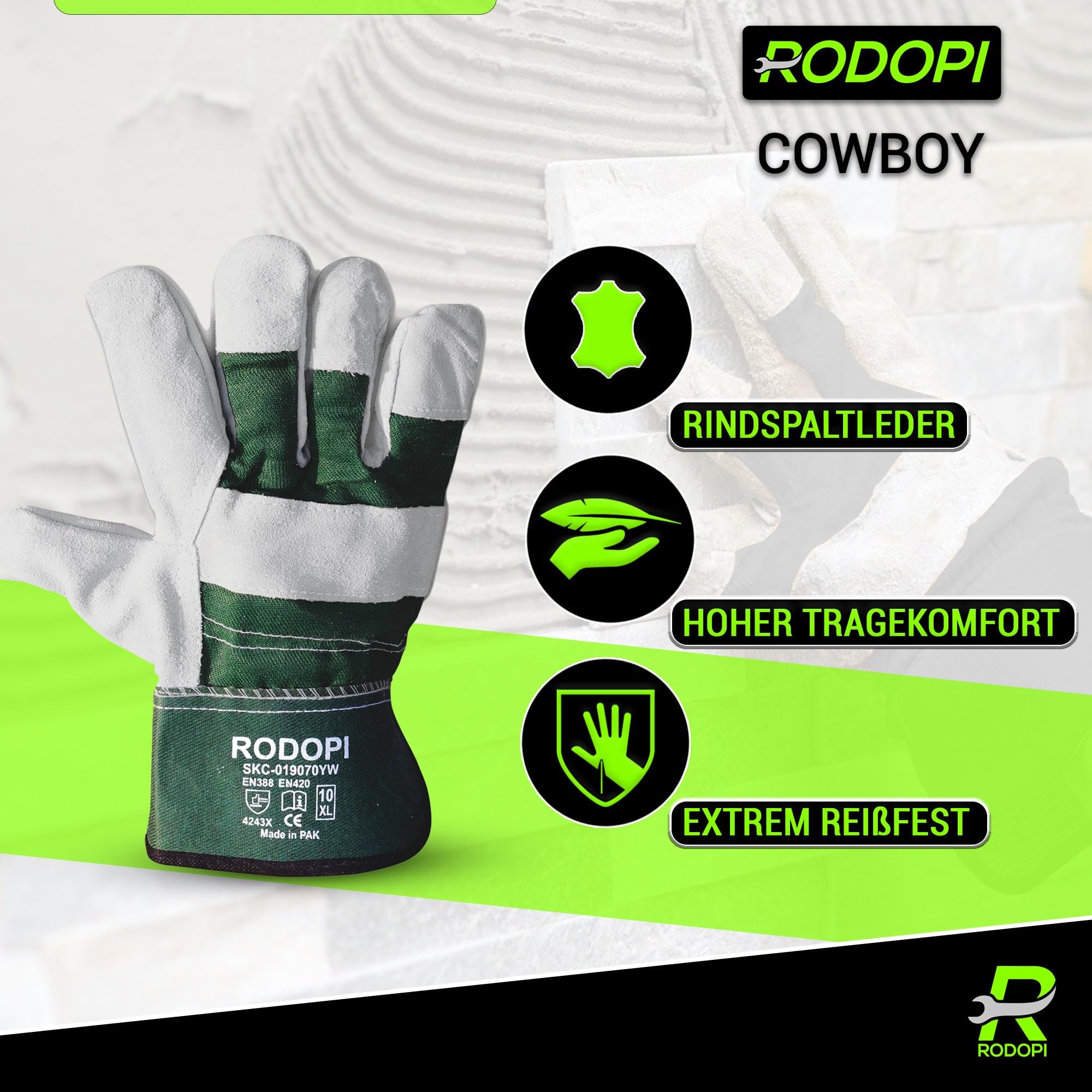 RODOPI Leder Arbeitshandschuhe Cowboy für Herren und Damen Bauhandschuhe Gr.9-10 Rindspaltleder Gartenhandschuhe dornenfest EN 388:2016 (100 Paar, 9)