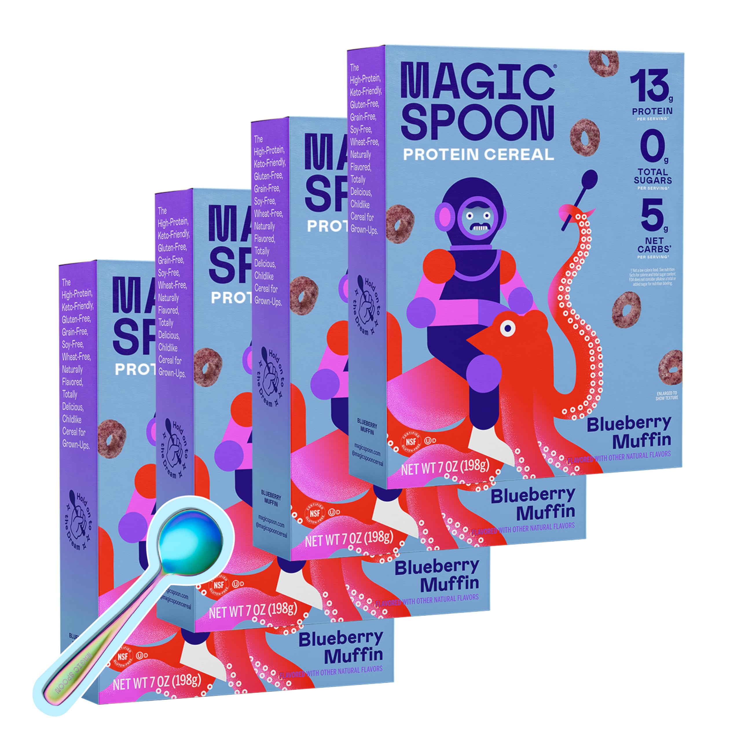 Magic Spoon Cereal - Blueberry Muffin 4-Pack of Cereal and Spoon - Keto & Low Carb Lifestyles, Gluten & Grain Free, High Protein, 0g Sugar