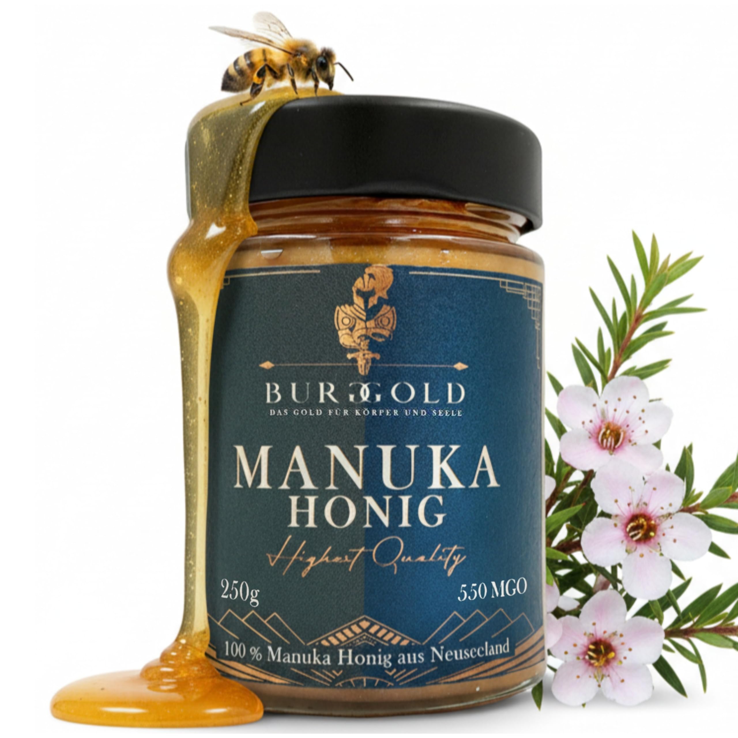 Burggold Manuka Honig 550 MGO+ im Glas (250g) (100% reiner Premium Honig aus Neuseeland mit zertifiziertem Methylglyoxal Gehalt, laborgeprüft, vakuumversiegelt, ohne Zusätze)