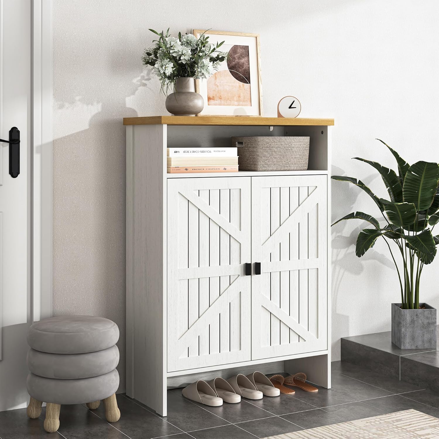 31.5W Farmhouse Shoe Storage Cabinet with 2 Barn Doors, 5-Tier Shoe Organizer with Shelves,Large Capacity Shoe Rack Cabinet for Entryway, Hallway, Living Room, White