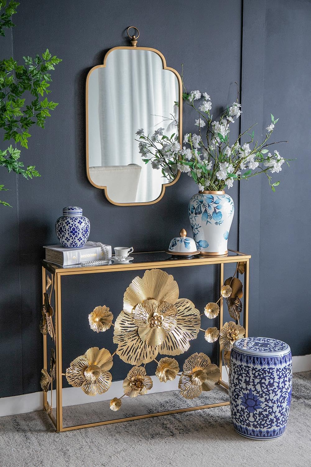 Blue and White Porcelain Garden Stool 16-Inch Handcrafted Floral Accent - Oriental Ceramic Side Table or Seating for Indoor Outdoor Living Room Patio Décor - D11 x 16"