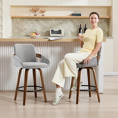 Miniatura 3 de Juego de 2 taburetes de bar giratorios, taburetes altos de mostrador de tela con respaldo y reposabrazos, silla de bar de nogal giratoria 360 para