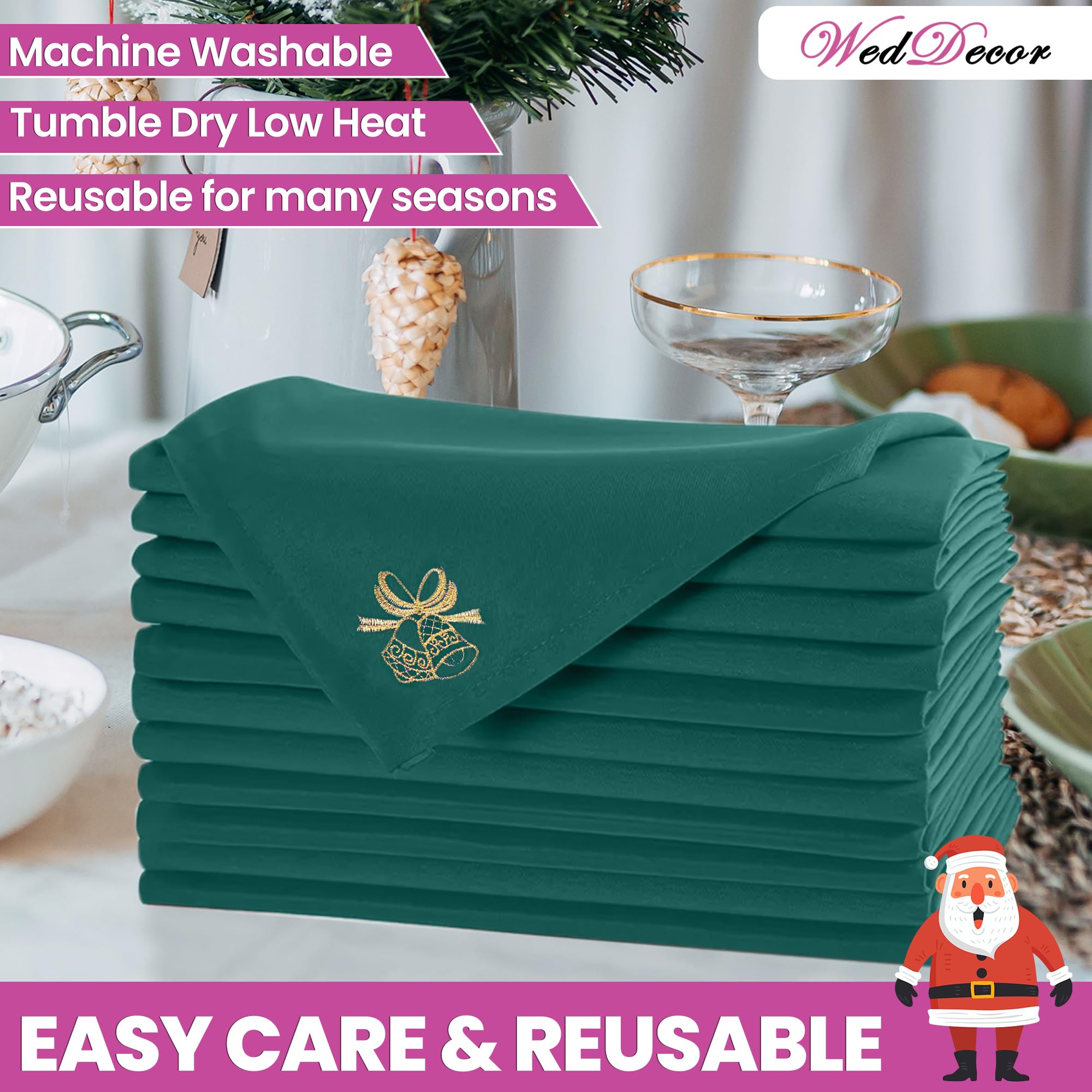 WedDecor 20 inch Filé Polyester Table Serviette avec Grelot Broderie pour Thème Noël Dîner Décorations pour Maison, Mariage,Banquet, Fête, Hôtel, Fête de Noël Décoration - Vert, 20 inch