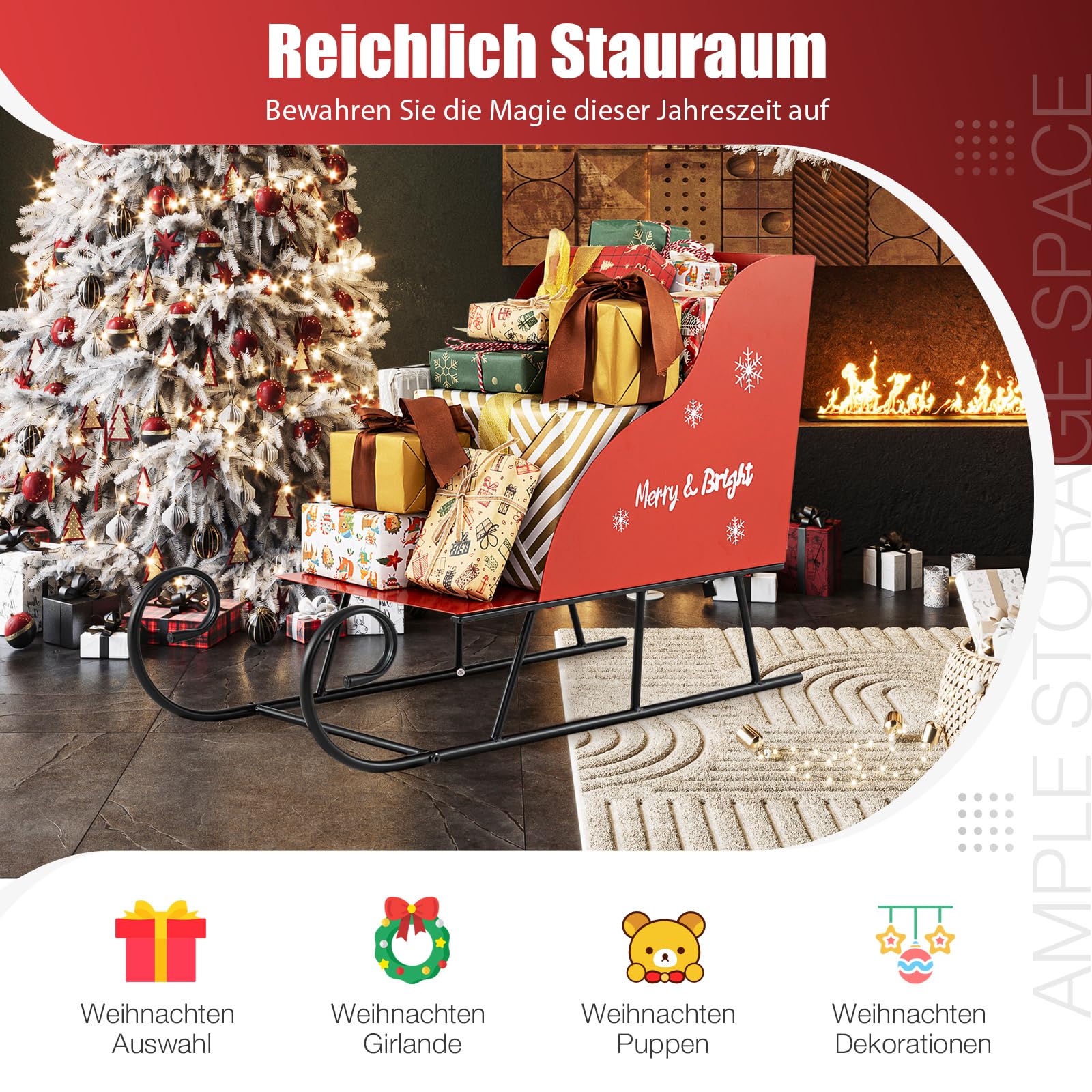 COSTWAY Deko Schlitten für Weihnachten, Weihnachtsschlitten aus Metall, Weihnachtsdeko groß Outdoor, Schlittenkorb Metallschlitten, Weihnachtsdekoration für Zuhause, Büro, 74 x 32 x 51 cm, Rot