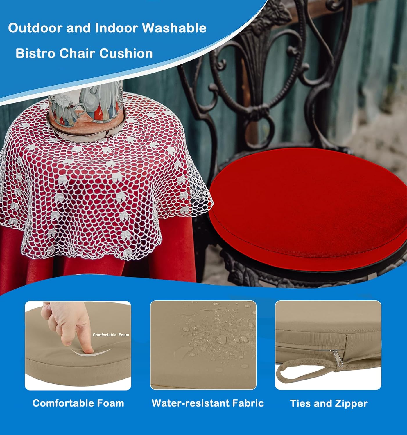 Loveboat Outdoor Bistro Chair Cushion Water Resistant Round Bar Stool Cushion 15 in Red