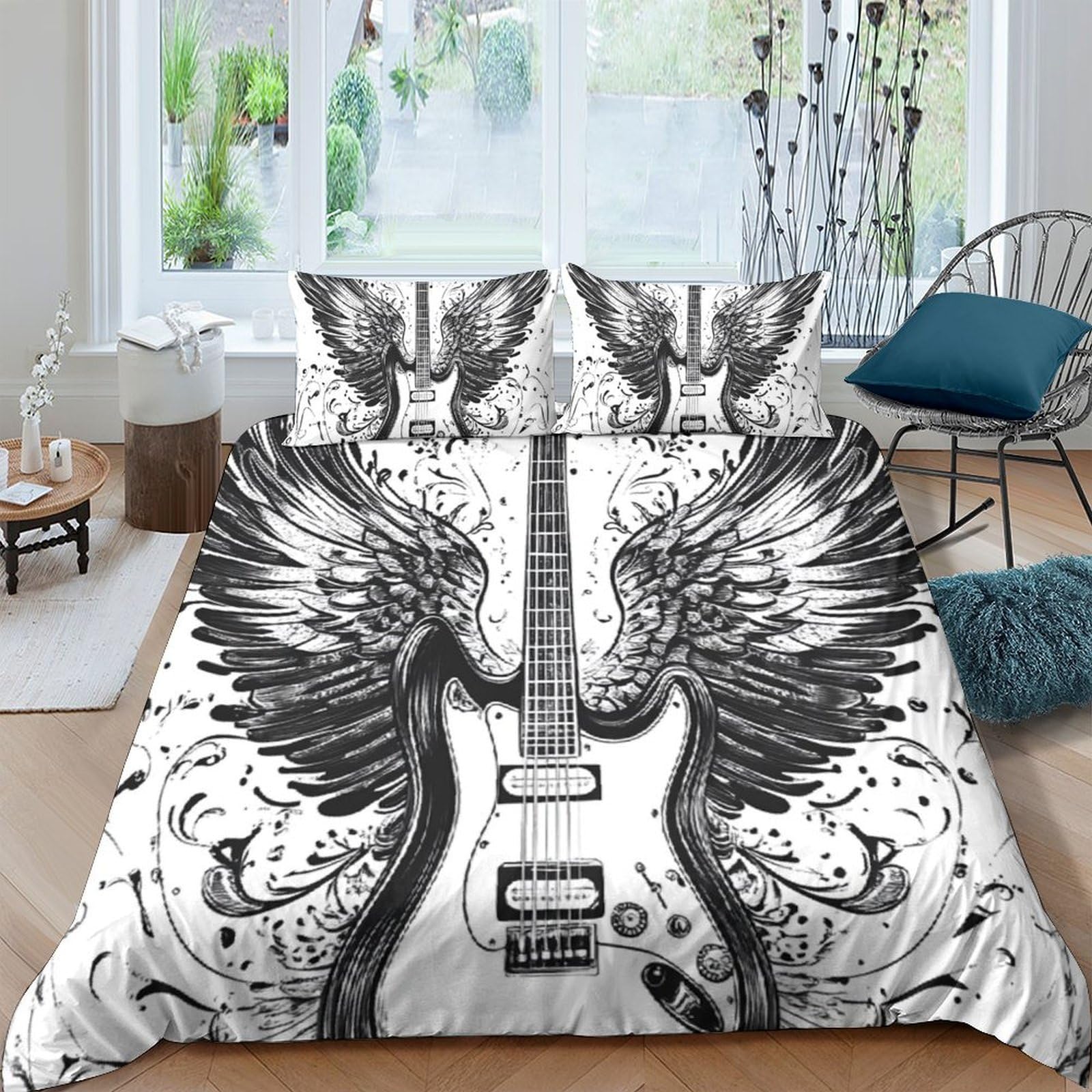 Ctjqhvkz Style-5 3D Printed Guitar Wings Fitted Sheet Microfiber Soft Black White Artistic Bed Cover For Bedroom Dorm Decor Single（135X200cm）