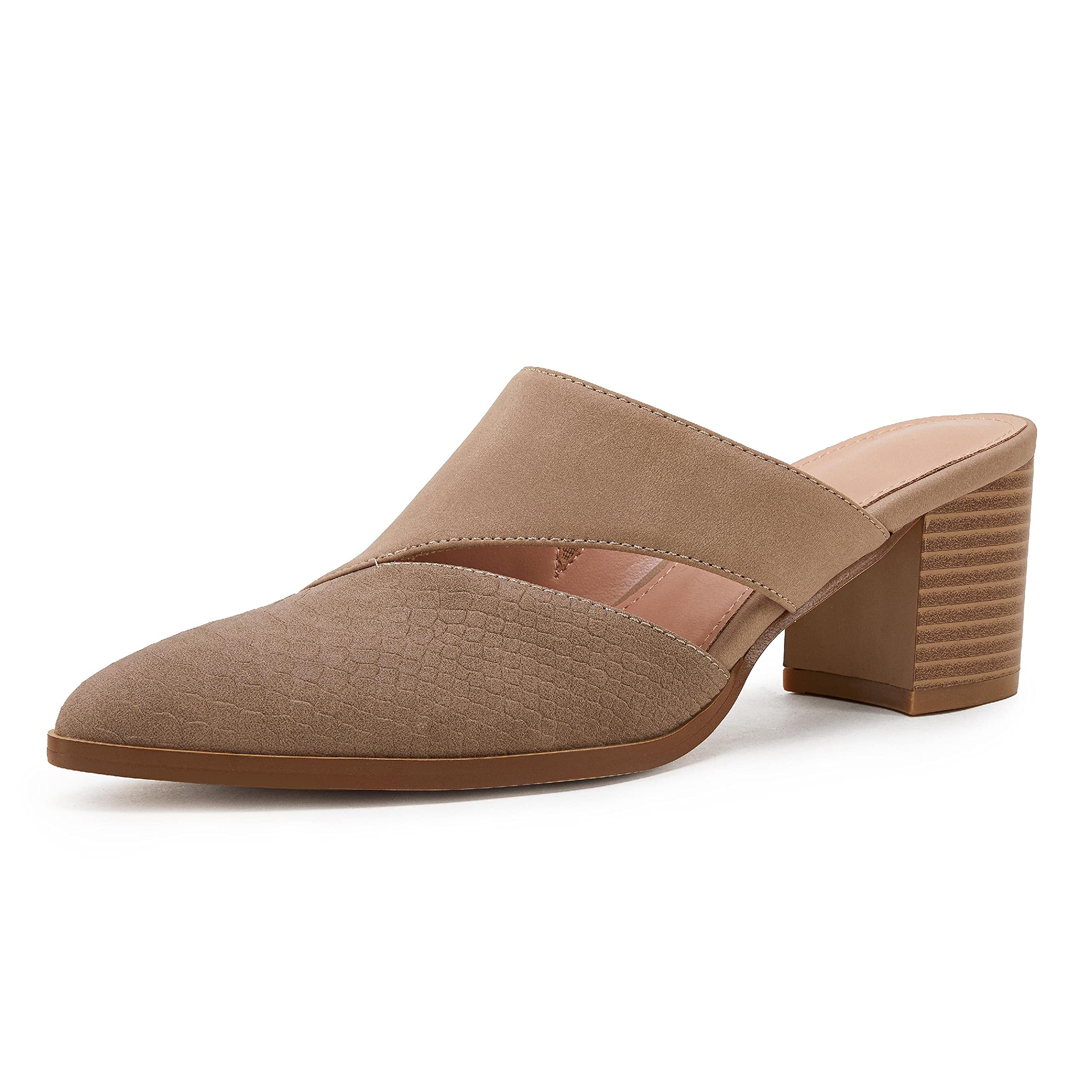 Photo 1 of Syktkmx Womens Cutout Backless Chunky Stacked Mules Slip On Closed Toe Scale Heeled Sandal Shoes Khaki