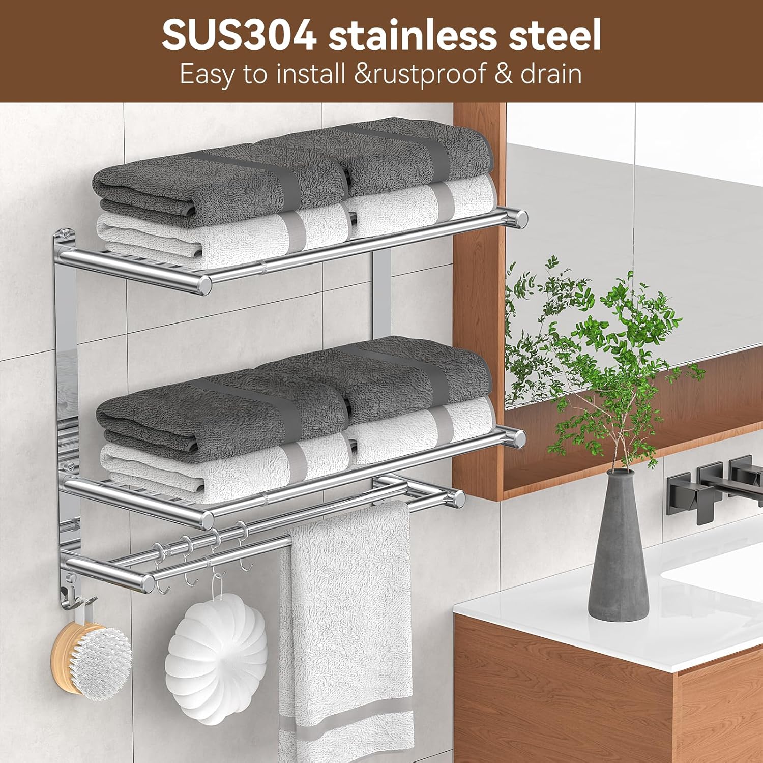 Bathroom Towel Rack with Shelf and Towel Bar, 2-Tier Expandable (16.9 to 28 Inches) SUS304 Stainless Steel, Wall Mounted or Adhesive, 4 Sliding Hooks Rust Resistant, Rounded Corners, Side Guards