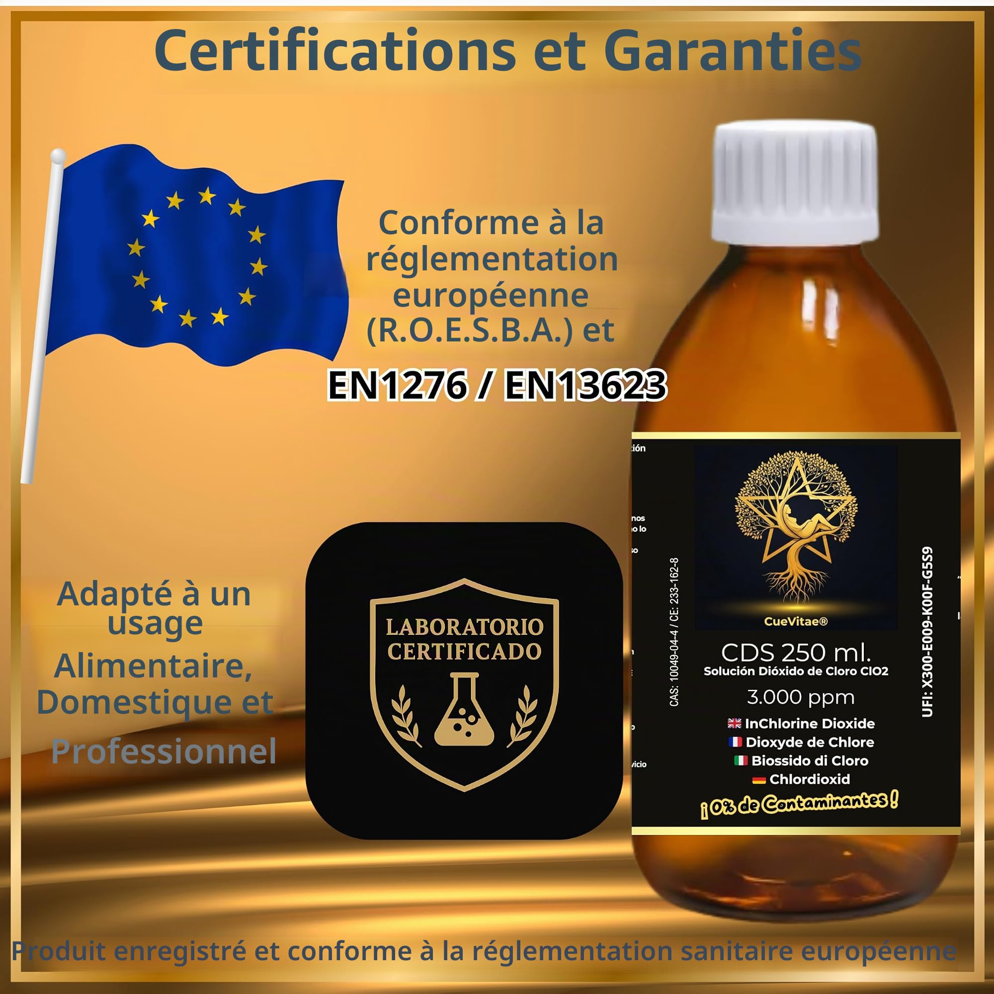 CDS 0,3% 2x250 ML | Solution aqueuse de dioxyde de Chlore | Verre | Biocide technique TP5 exclusif traitement d'eau. Lot 2 récipients verre ambré anti-UV avec équipement volumétrique.
