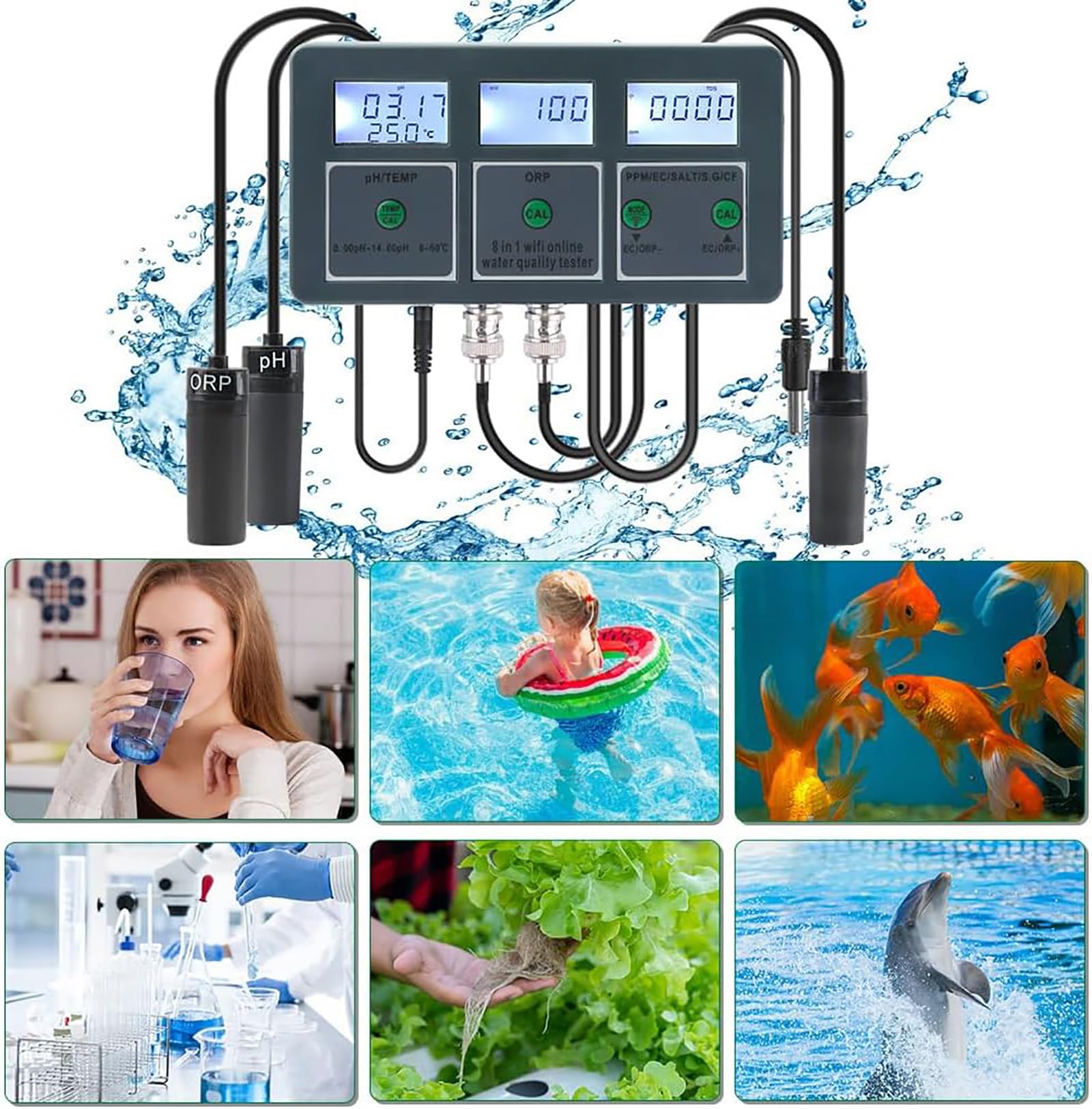 Rilevatore di Salinità dell'Acqua di Mare 8 in 1, Rilevatore di qualità dell'Acqua per Acquari, Esportazione Dati, Analizzatore Multiparametrico, Facile da Usare, per Acquari, Piscine