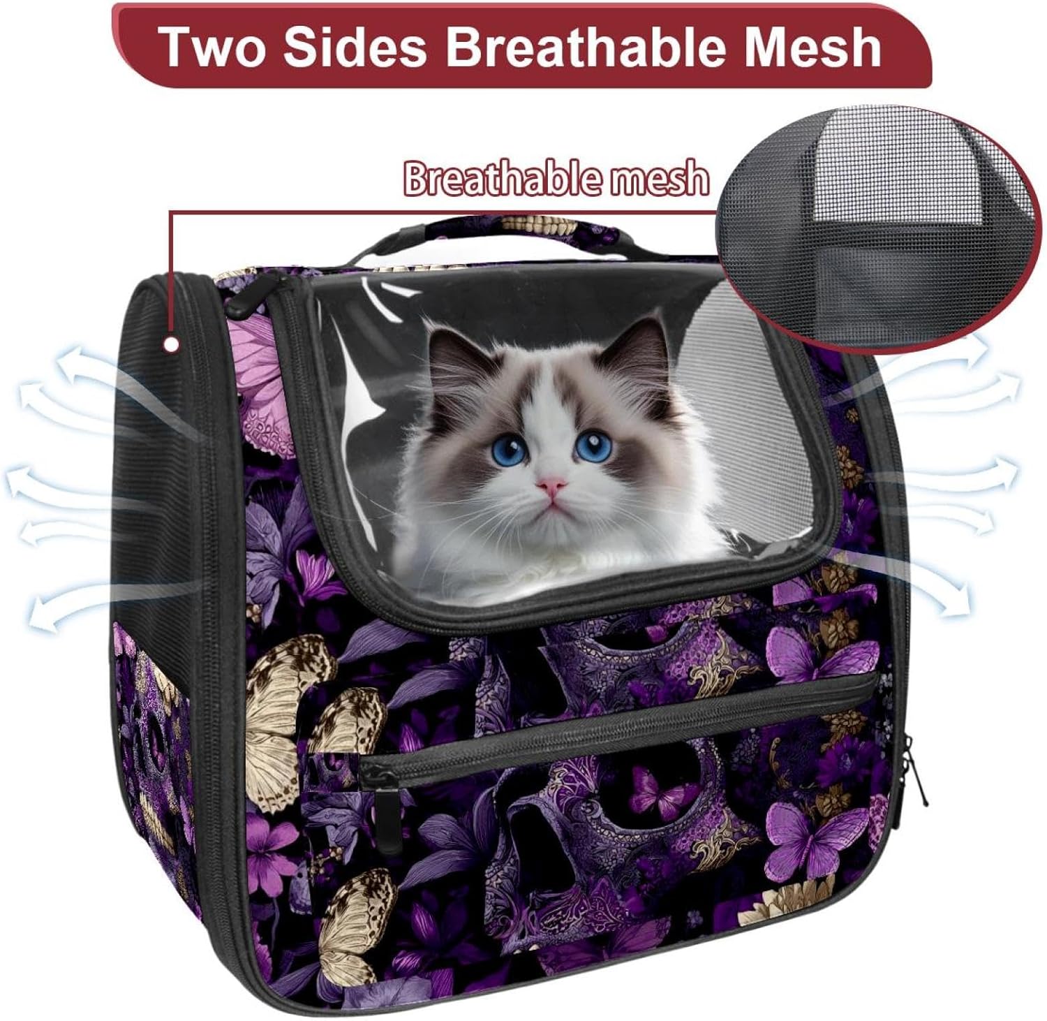Portable Travel pet Backpack Carrier Hamster Bag Small Dog cat Carrier Breathable Hang Bag, Skull Purple Butterflies