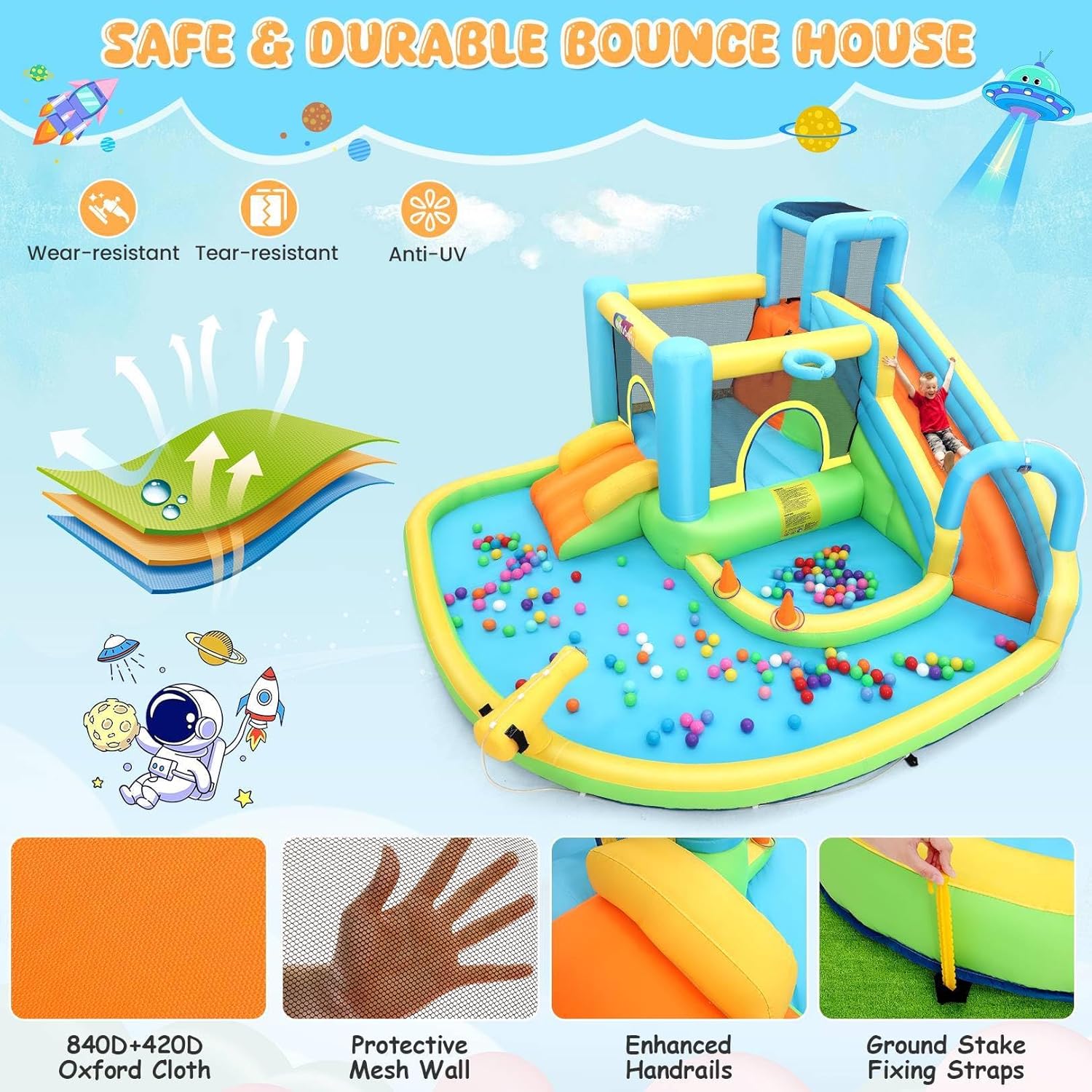 AKEYDIY Inflatable Water Slide for Kids Backyard, All-in-one Blow Up Spray Water Slides with Blower Water Park with Splash Pool, Climbing Wall, Water Gun, Basketball Hoop for Summer Fun Party Gift