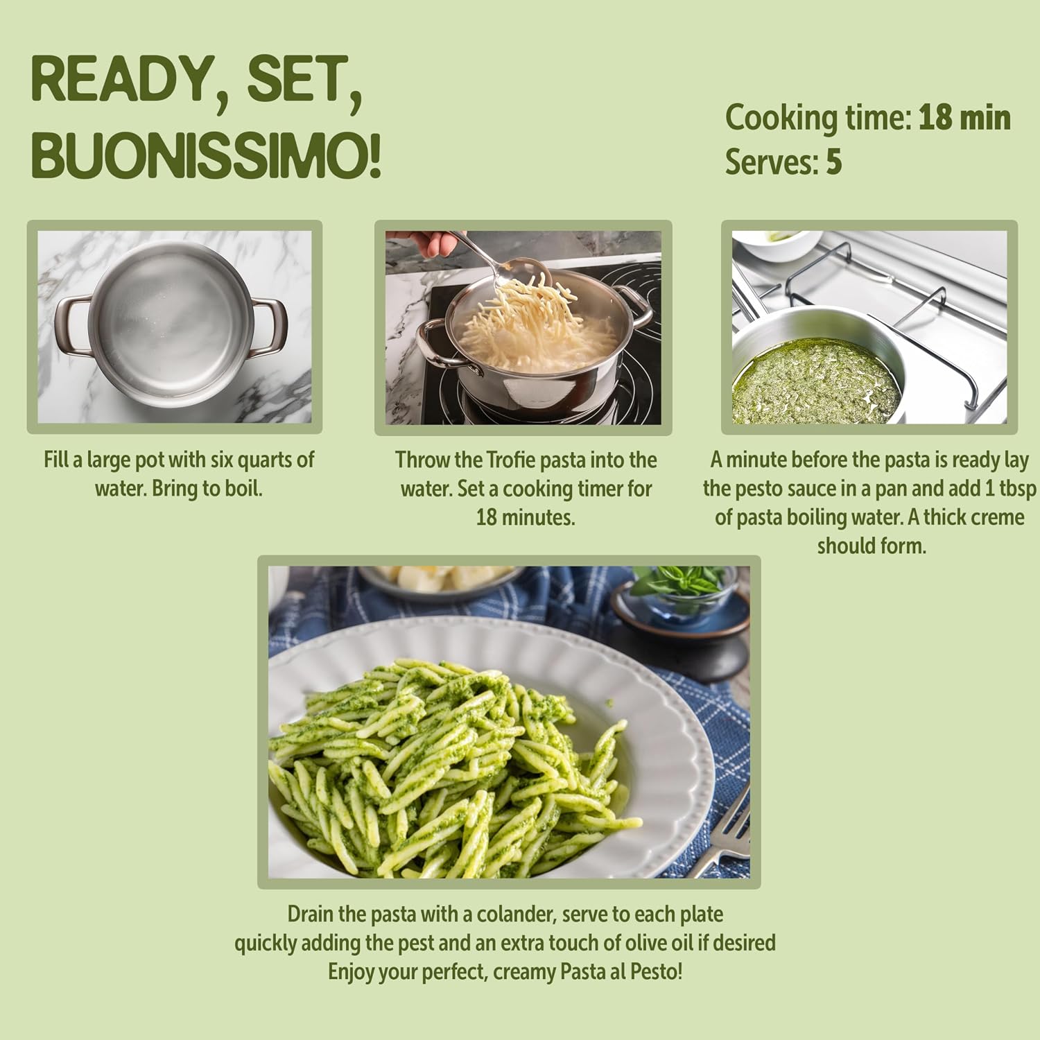 Gusta Trofie al Pesto Pasta Meal Kit - Made in Italy - Gourmet Italian Food Lovers - Italian Gift Basket Gourmet Pasta - Authentic Italian Recipe - Makes 5 Meals with Recipe Booklet