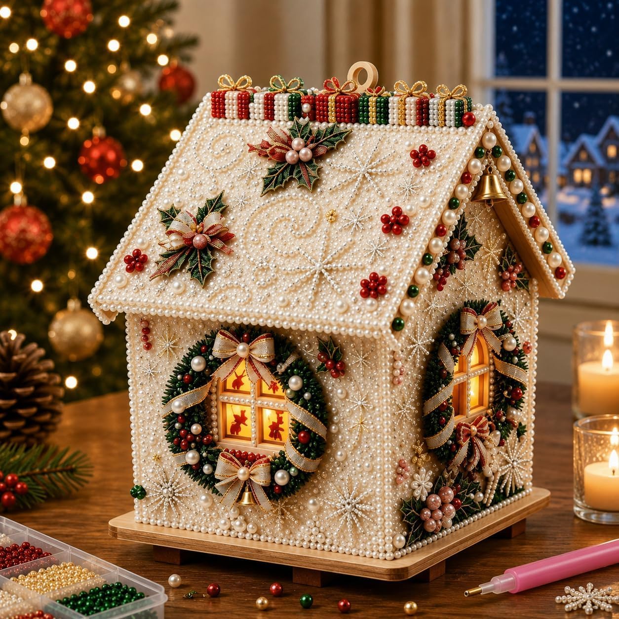 3D Christmas Pearl Diamond Painting Wooden House Art Kit for Adults (#K)