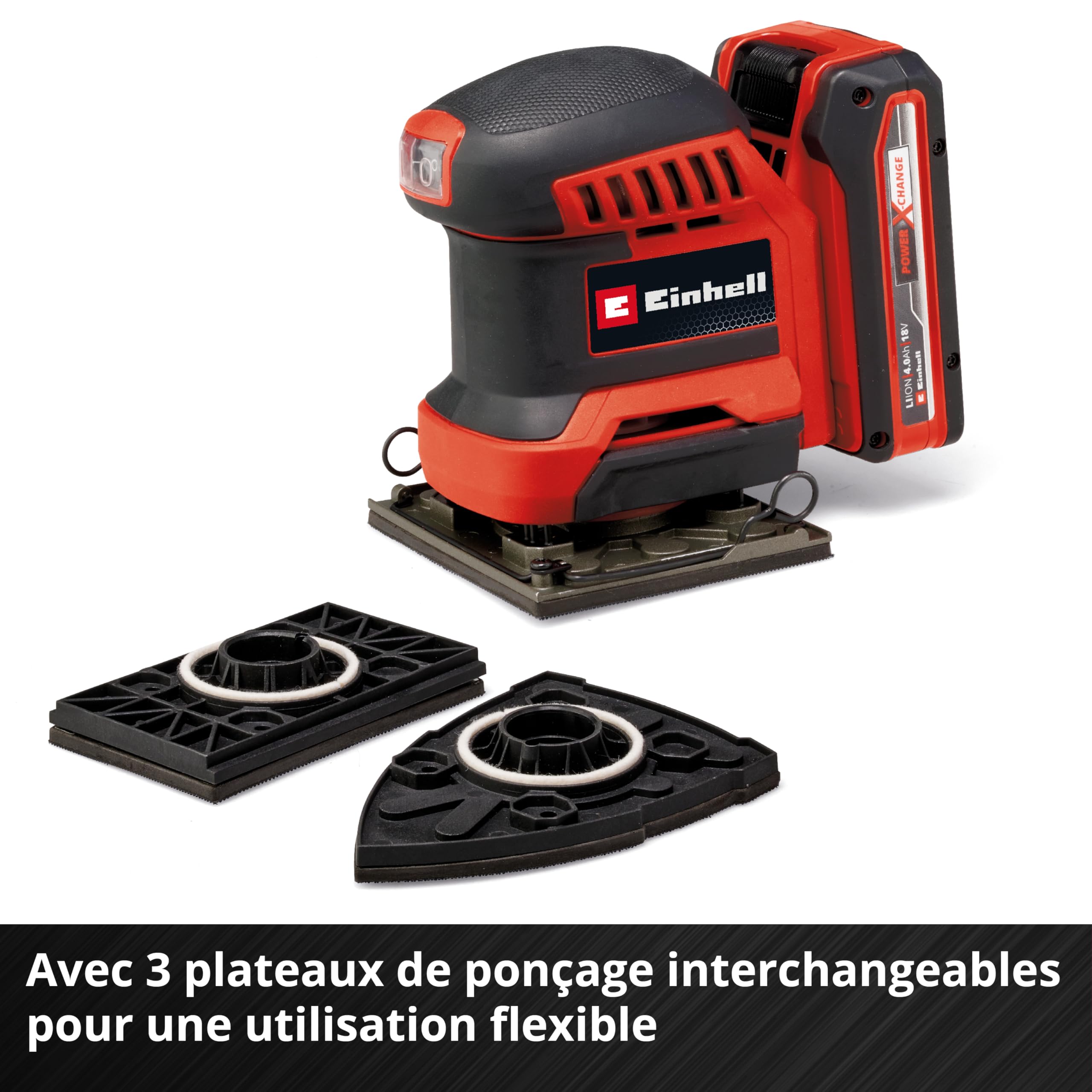 Einhell Ponceuse à main sans fil TE-OS 18/113 3X Li-Solo Power X-Change (18 V, ponceuse vibrante, 3 plateaux interchangeables, circuit d’oscillation de 1,8 mm, avec accessoires, sans batterie)