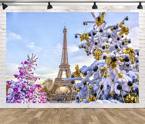 Miniatura 4 de CORFOTO Telón de fondo de Navidad en París de 7 x 5 pies, torre Eiffel, árboles de Navidad, decorado, fotografía, fondo de fotografía, paisaje de