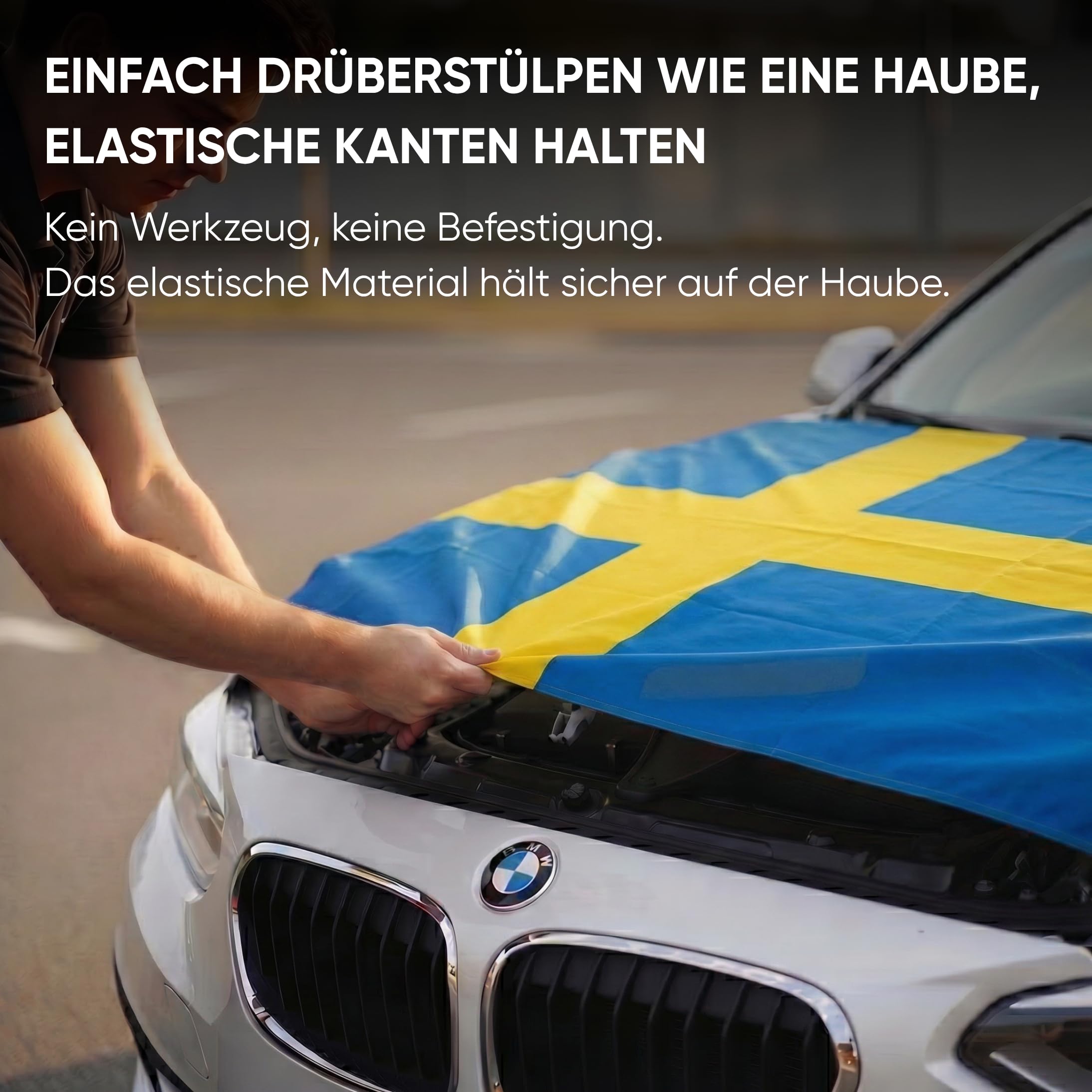 Auto Fahnen Schweden Komplett Set - Motorhaubenfahne, 2 Autofahnen Fenster & 2 Außenspiegelfahnen, Fußball Fanartikel FZG für EM & WM, Schwedische Flagge Fahrzeug Deko