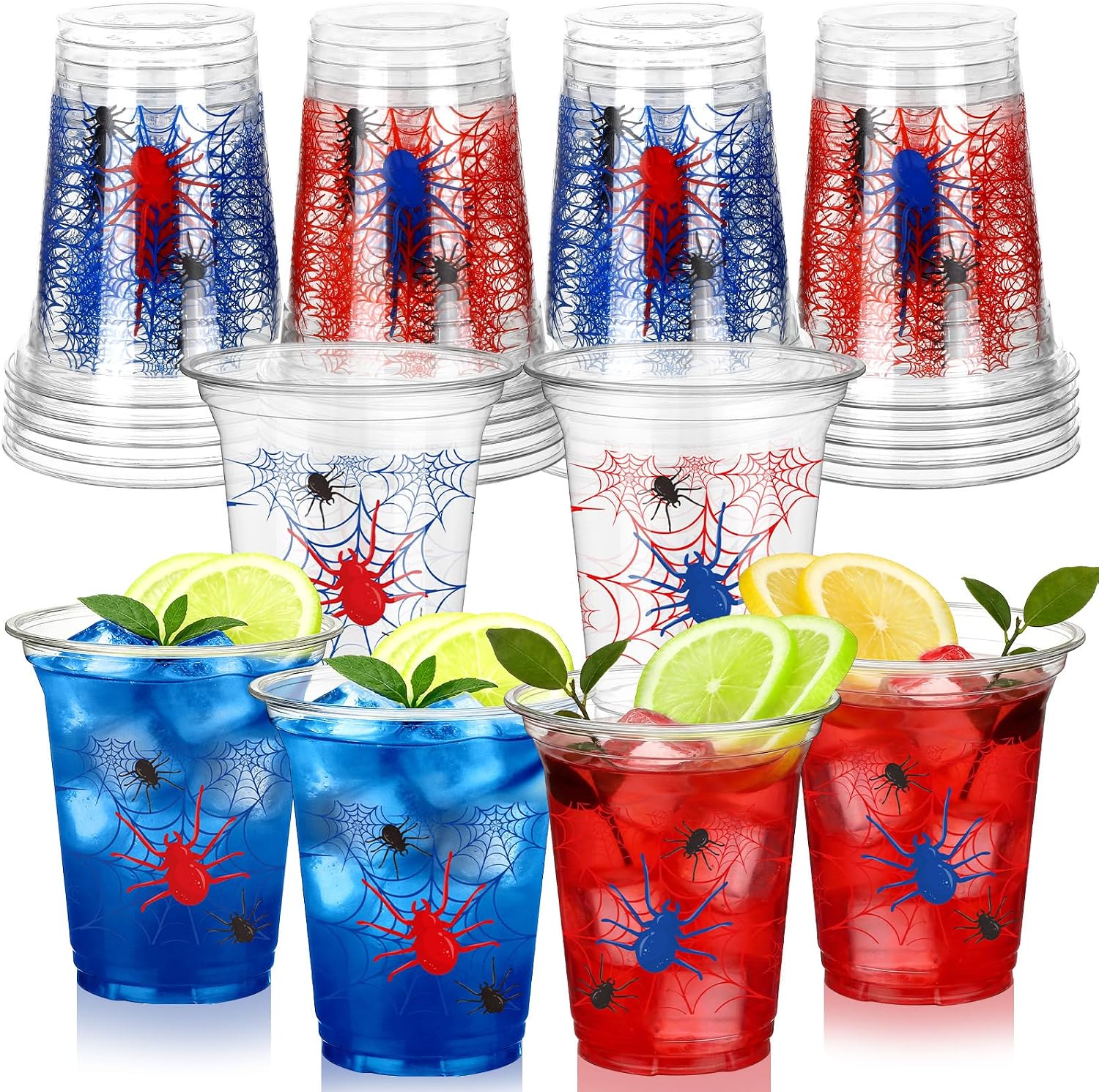 LemonRoad 50 Pcs Spiderweb Plastic Cups 12 oz Reusable Red Blue Goodie Web Cups Hot Cold Wine Drinking Birthday Party Decorations for Spider Party Favors Supplies Summer Holiday Gifts