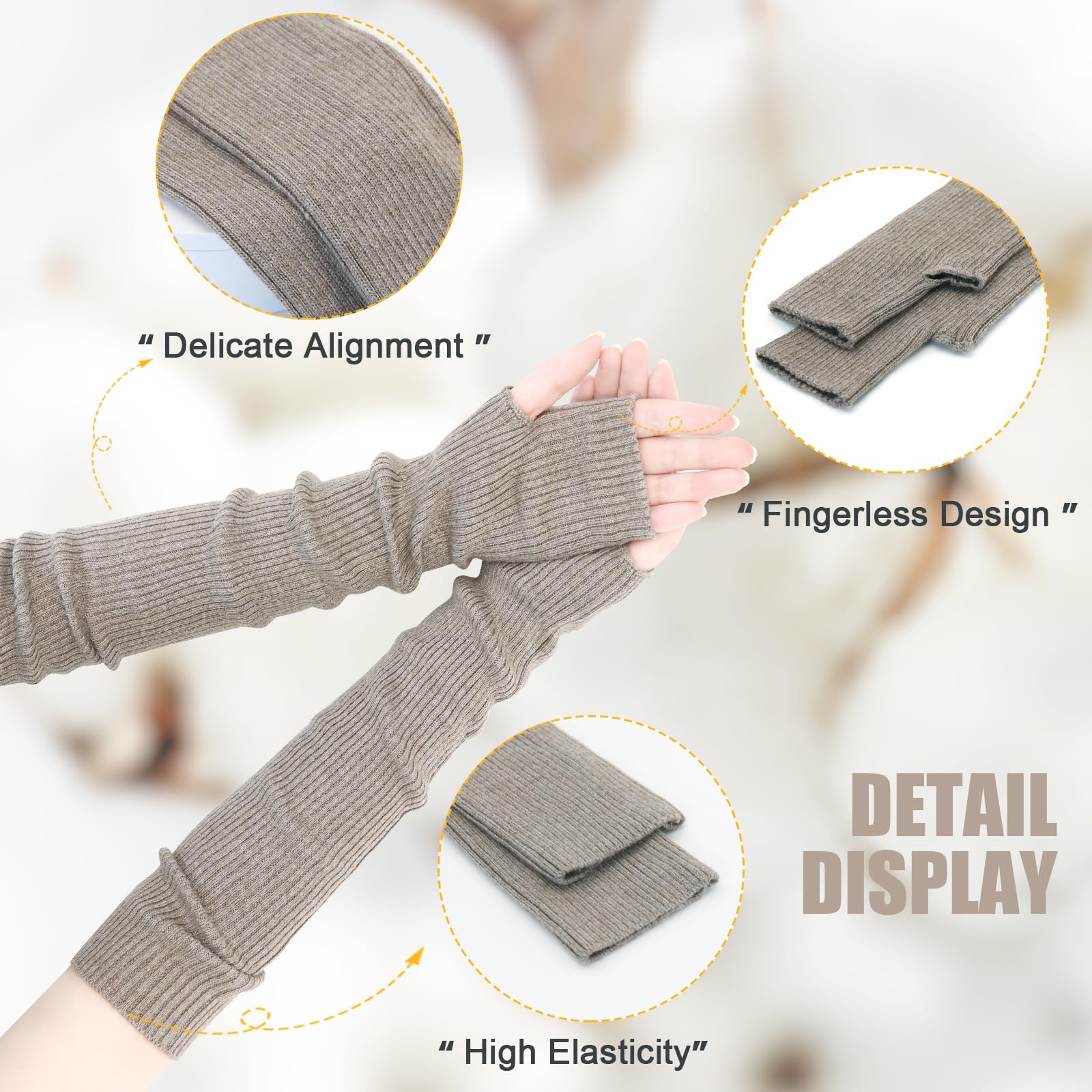 SEYUFN Winter Fingerless Long Gloves for Women Cashmere Blended Knitted Arm Warmers Super Soft Black Arm Sleeves: 40cm/15.7in Camel