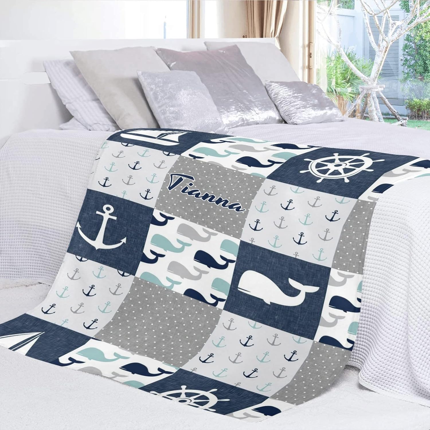 Personalized Nautical Sailboat Anchor Wheel Whale Blanket with Name Text Custom Super Soft Fleece Throw Blankets for Couch Sofa Bed 50 X 60 inches