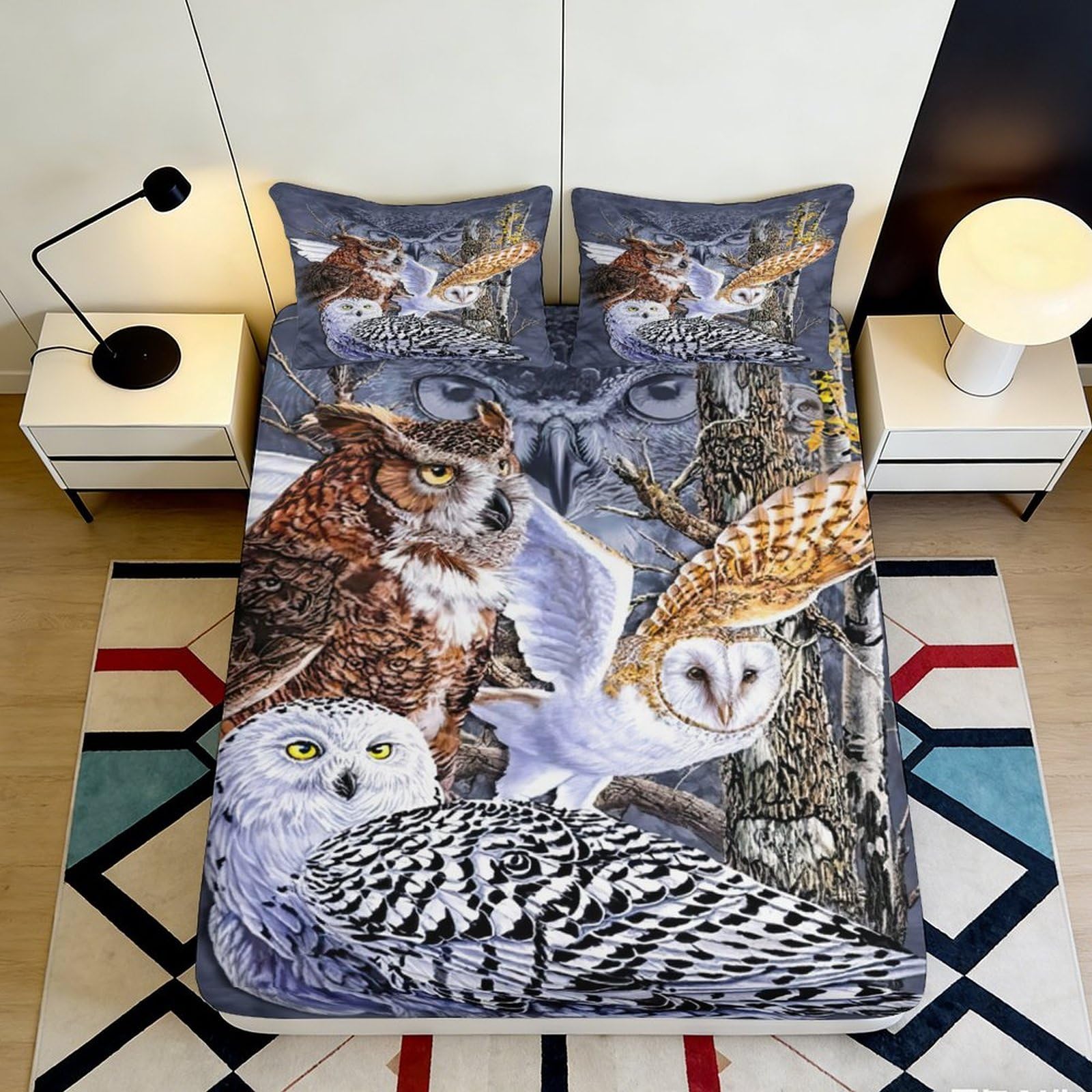 Pnayamiorkfel Style-3 3D Printed Forest Owl Fitted Sheet Microfiber Soft Breathable Woodland Birds Bed Cover For Bedroom Dorm Mattress Protection Decor 90X200x25cm