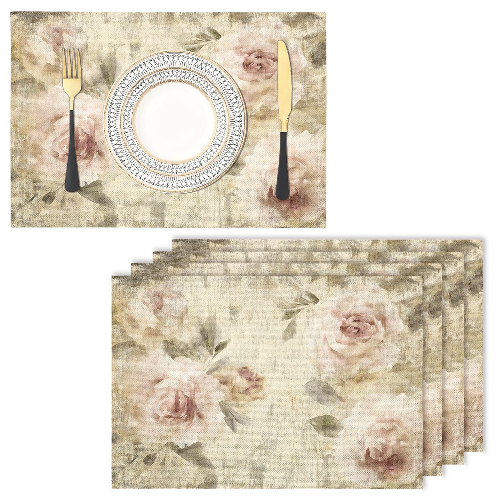Set de table fleurs roses rectangulaire lin de coton lavable en machine lot de 6 30x45