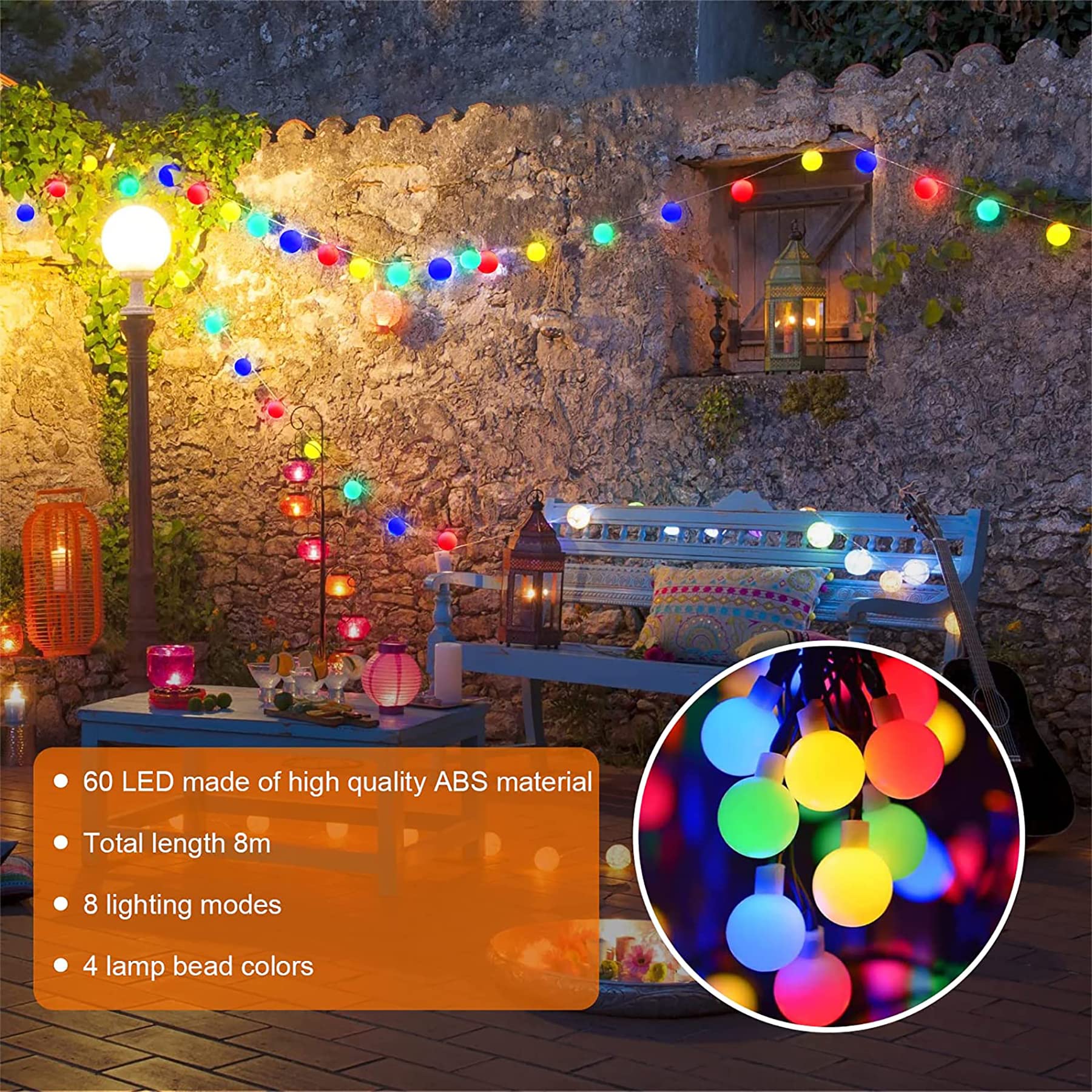 Luci Solari Da Esterno FIBRAVE – 60 LED A Sfera Di Cristallo, 9m, 8 Modalità, Impermeabile IPX4 Per Giardino E Terrazzo
