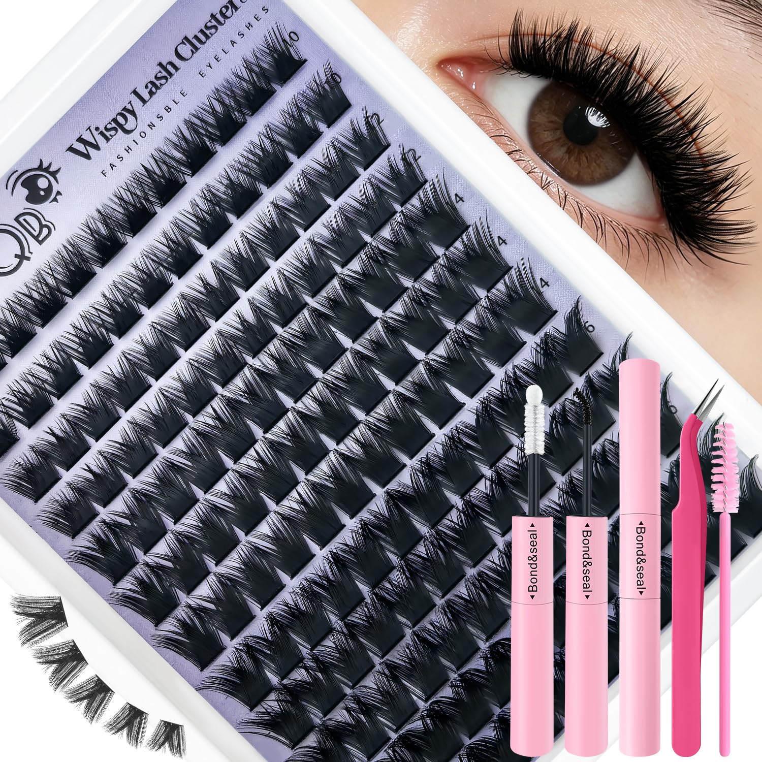 144Pcs Wispy Lash Clusters Fluffy Eyelash Clusters Kit, 10-18mm Individual Natural Manga Lashes Clusters Extensions C Curl Volume DIY at Home with Waterproo Glue Bond & Seal, Tweezers and Brush