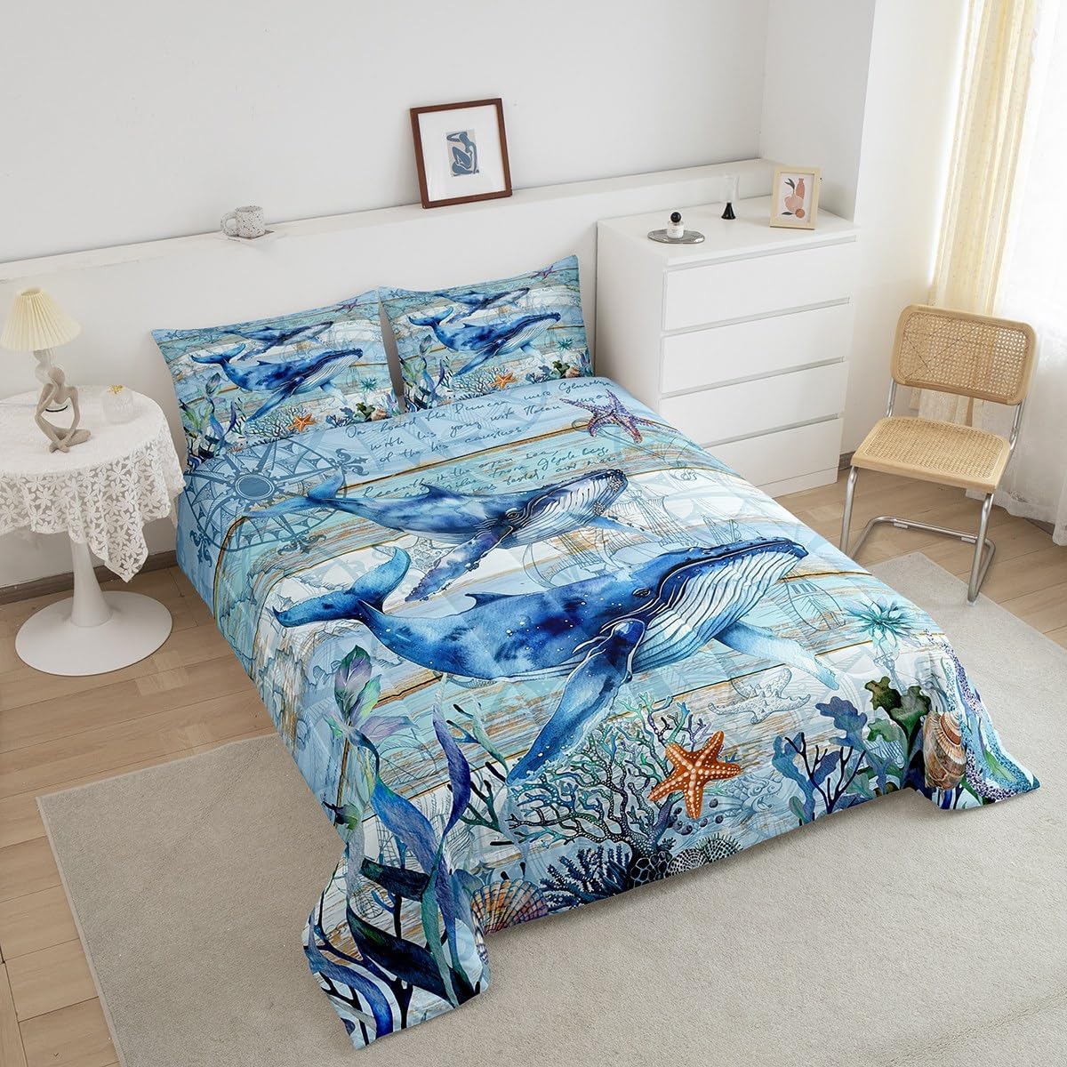 Feelyou Cute Whales Comforter Set Queen Size Kids Ocean Animal Comforter for Boys Girls Teens Marine Animals Underwater World Bedding Set Summer Blue Ocean Themed Duvet Set Room Decor