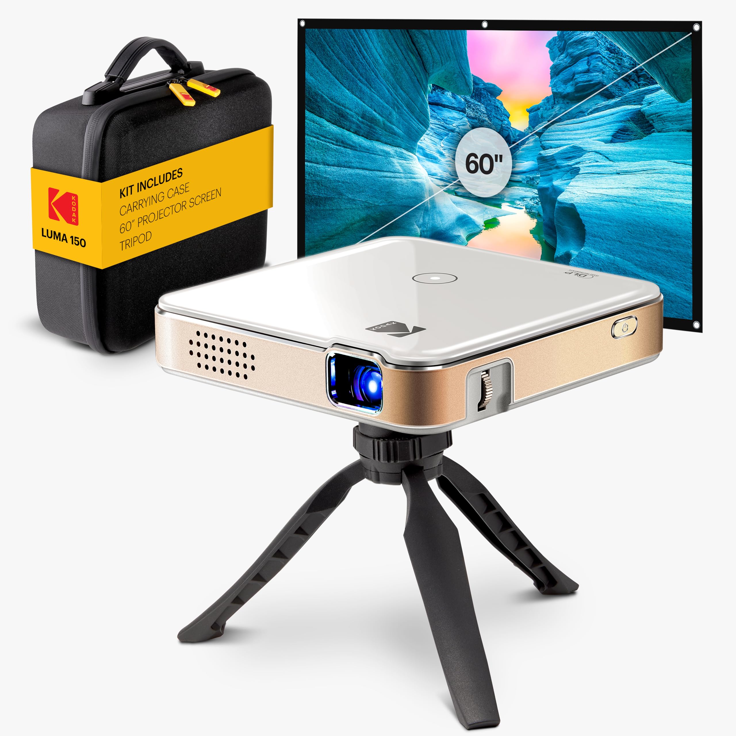 KODAK Luma 150 Complete Kit – Wireless Mini Pocket DLP Projector with Case, Tripod, 60” Screen, Rechargeable Battery, Built-in Speaker, HDMI, USB, MicroSD – Portable & Screen Mirorring (White)-image-3