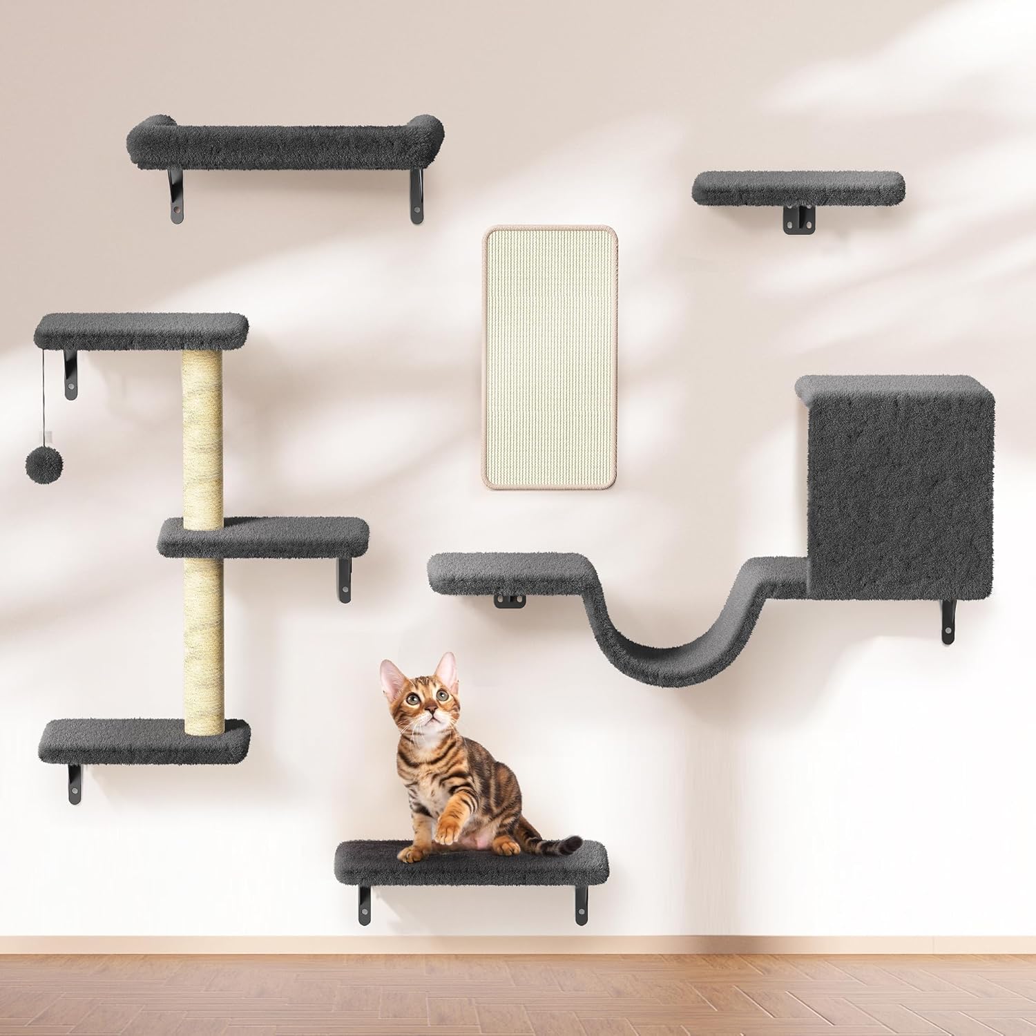 6 in 1 Cat Wall Shelves for Large Cats, Stable & Safe Kitty Walls Furniture Set for 40LBS Cats with Wooden Cat Climber,House, Bridge, Tree, Steps, and Scratcher for 16 Inch Drywall (Black)
