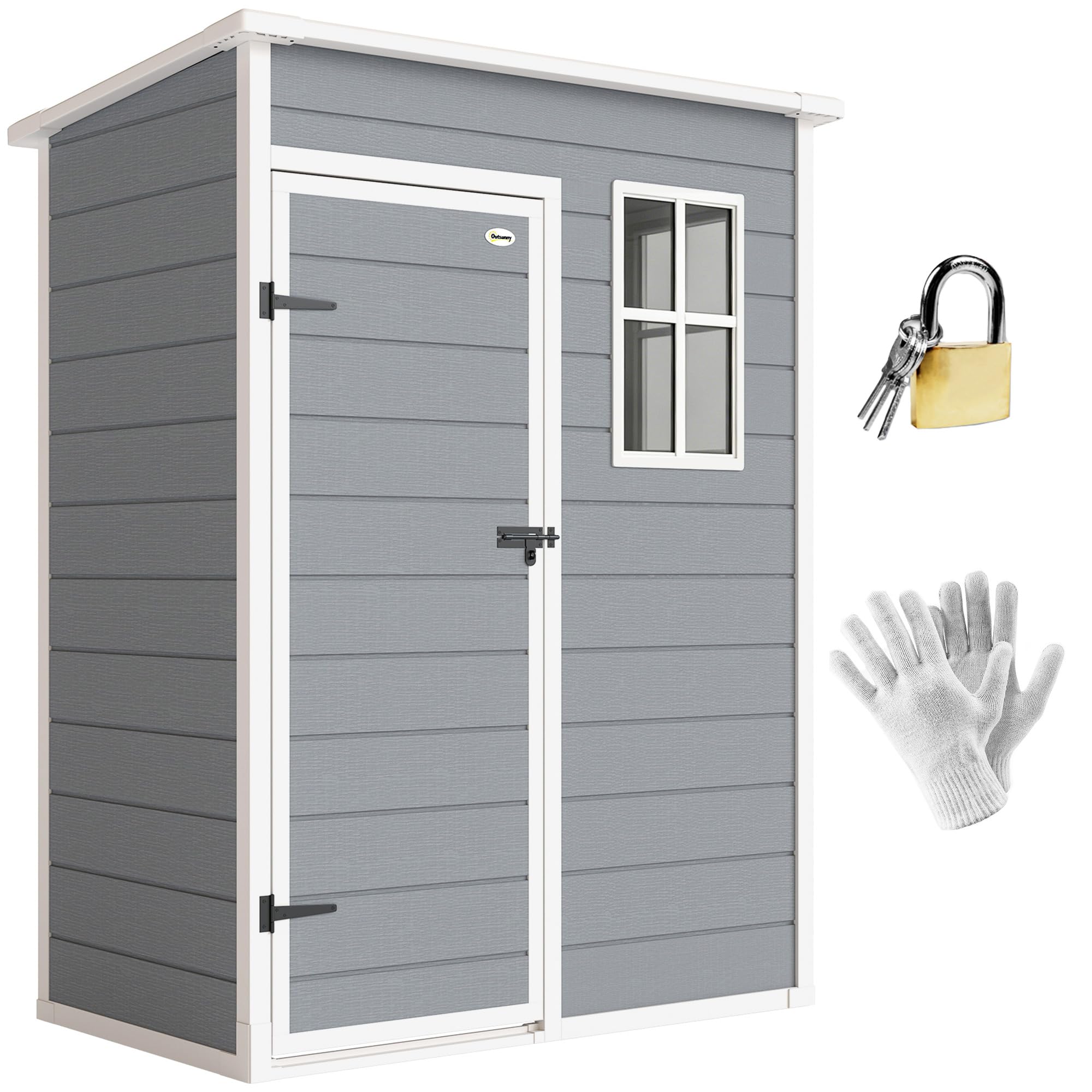 Outsunny Gerätehaus Kunststoff 1,14m² 151 x 92 x 193cm Geräteschuppen mit Pultdach Boden Fenster Abschließbarer Tür wetterfest Gartenhaus Outdoor Garten Schuppen für Hinterhof Grau | Mit Boden, Mit Fenster, Abschließbare Tür, Wetterfest, Geräteschuppen, G