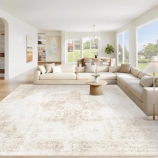 VECARF 8x10 Washable Area Rug Vintage Boho Medallion Non-Slip Low Pile Beige Rug for Living Room Bedroom