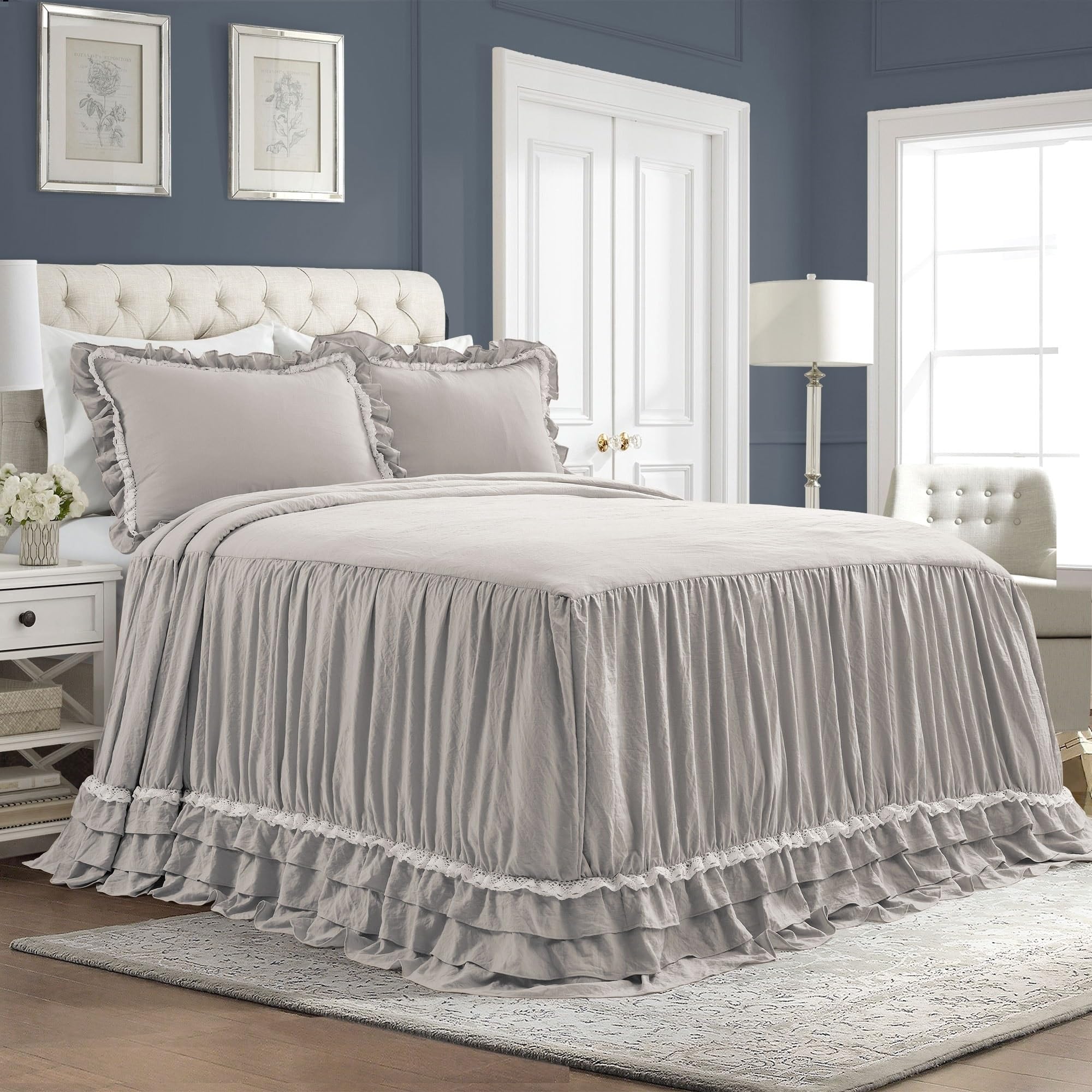 Lush Decor Light Gray Ella Vintage Chic Ruffle Lace Bedspread Farmhouse Style Lightweight 3 Piece Set King