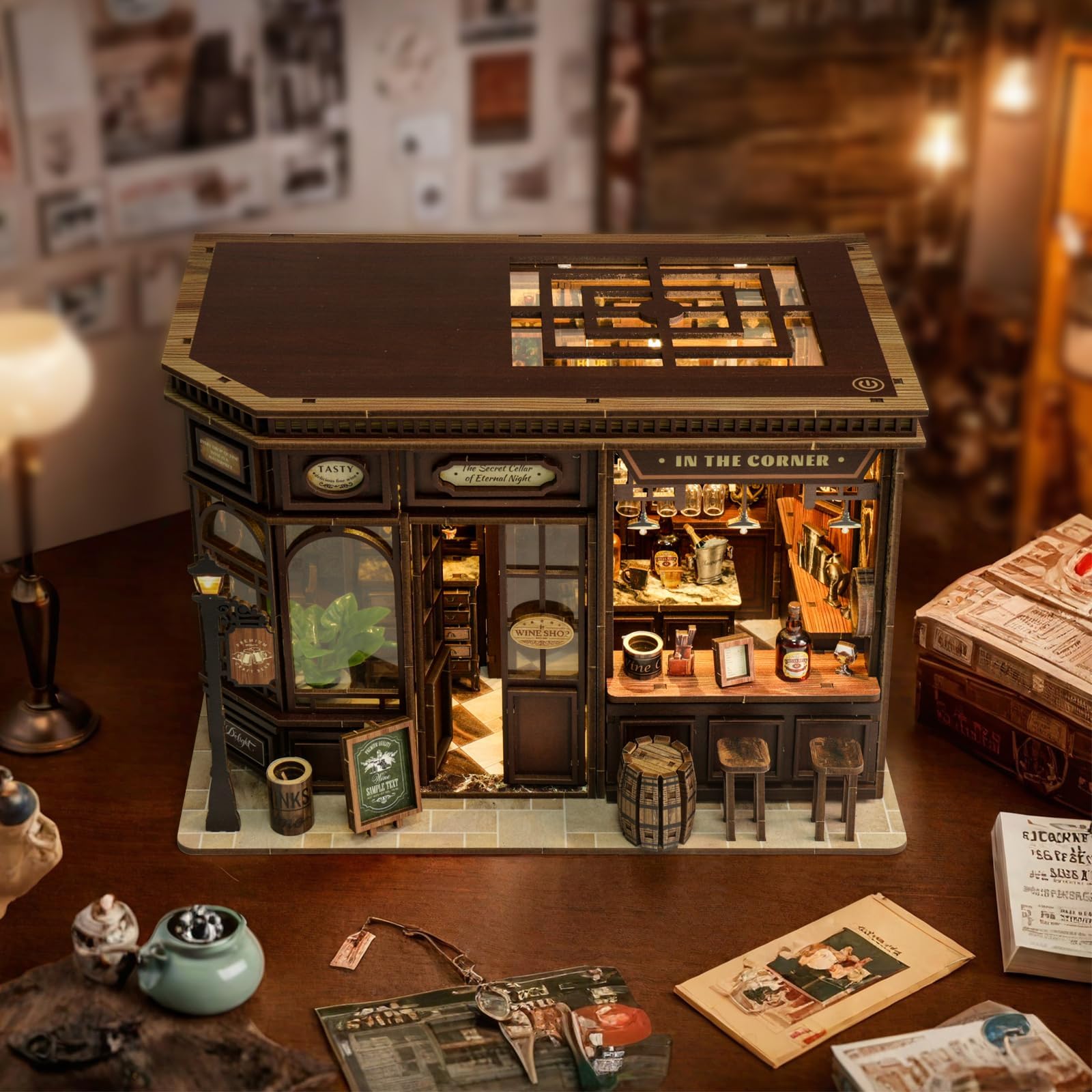Book Nook Kit für Erwachsene - LUMYCE DIY Miniatur Haus Holzpuzzle 3D Puppenhaus - Buchstütze für Bücherregal Deko mit Led Licht Kreatives Geschenk für Leser